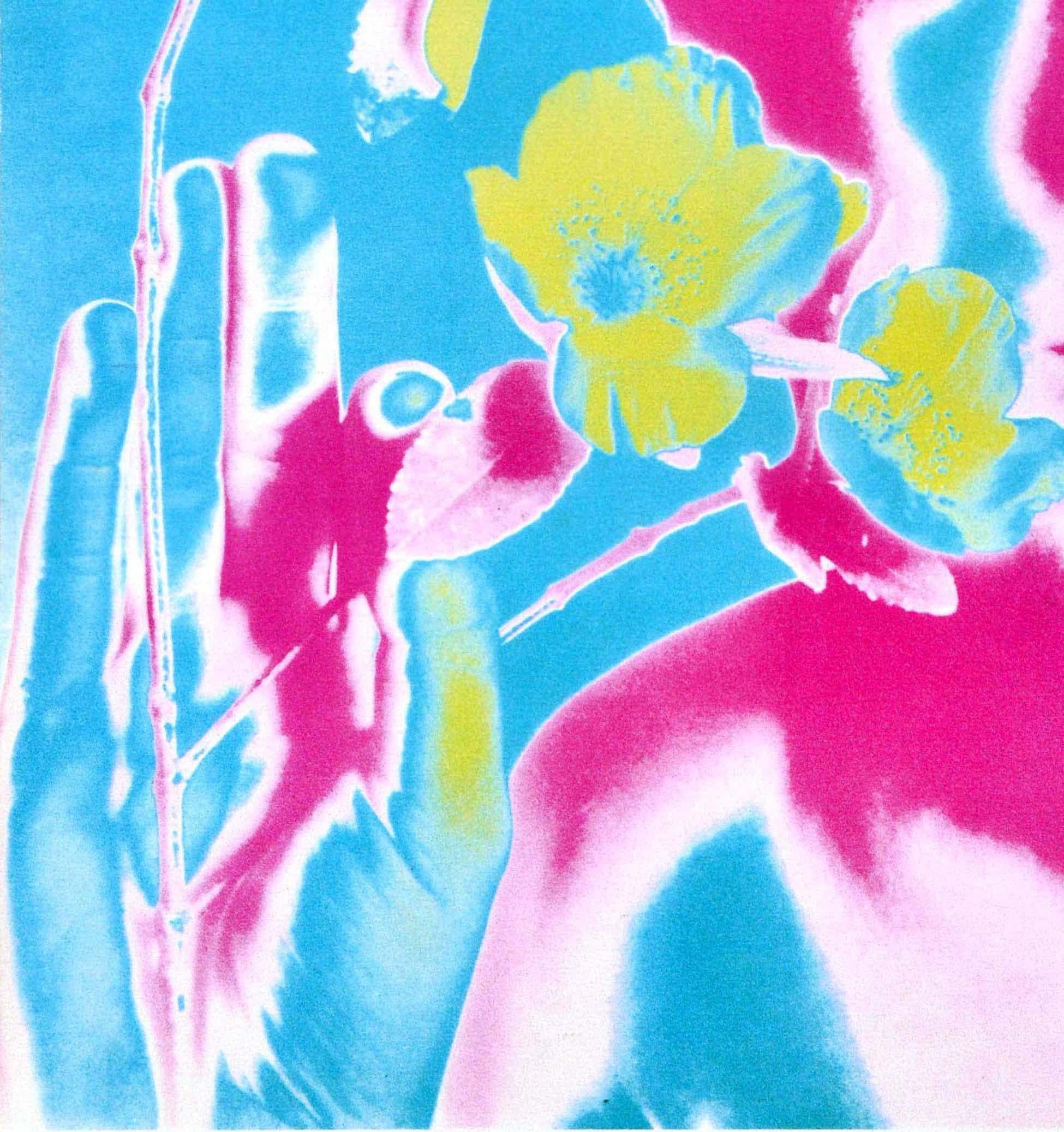 Affiche publicitaire originale de musique vintage présentant une photo colorée et psychédélique réalisée selon une nouvelle technique de solarisation par le photographe américain Richard Avedon (1923-2004) du guitariste et