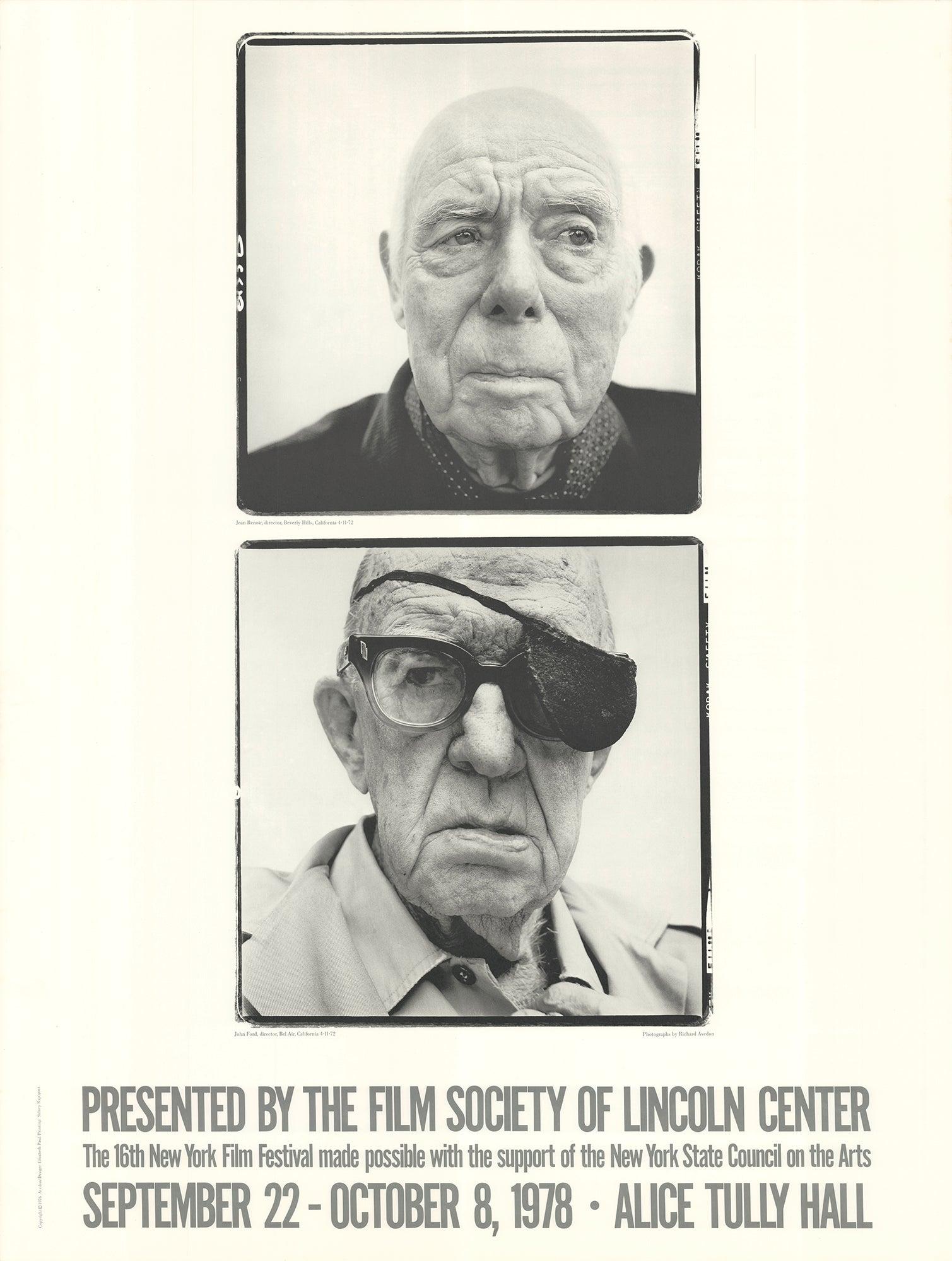 El cartel de 1978 diseñado para el 16º Festival de Cine de Nueva York, celebrado en el Alice Tully Hall, presenta una impactante fotografía en blanco y negro de Richard Avedon que retrata a dos cineastas legendarios: John Ford y Jean Renoir. En