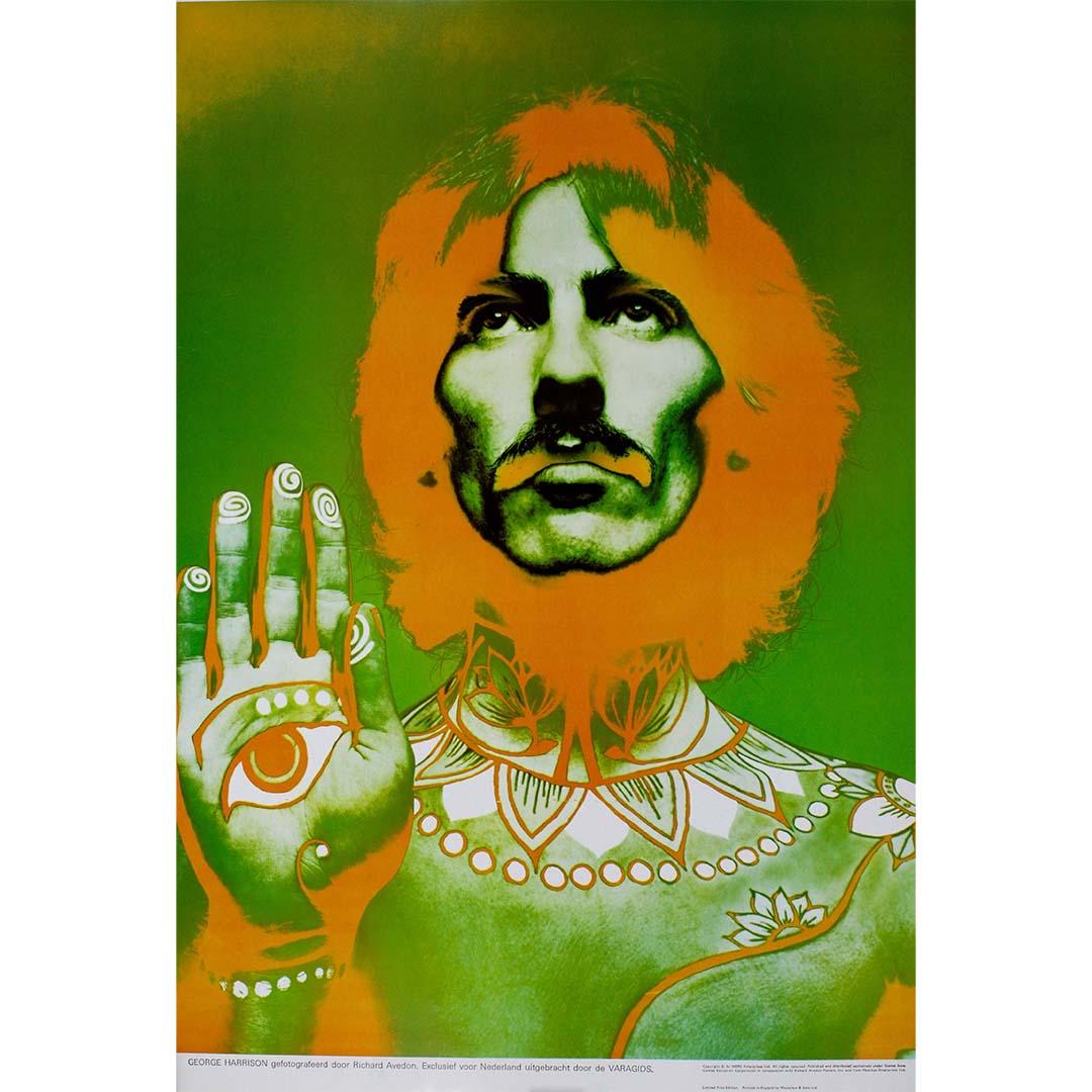 Original 1967 poster featuring George Harrison, an iconic member of The Beatles, immortalized by the visionary photographer Richard Avedon, stands as a remarkable artifact of cultural history. Printed by Waterlow & Sons Ltd in England, this poster