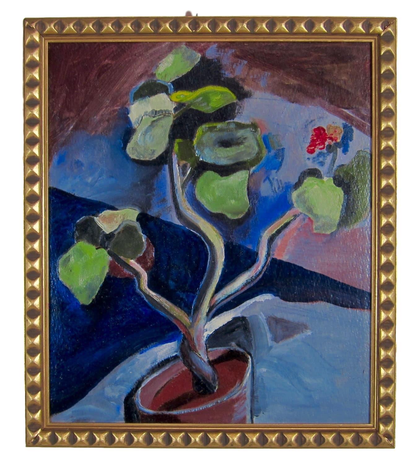 1930s Modernist still life oil painting of a potted flowering plant by American artist Richard Ayer.  This work comes from a large collection of the artist's works that came on to the market in San Francisco area several years ago.  This work is