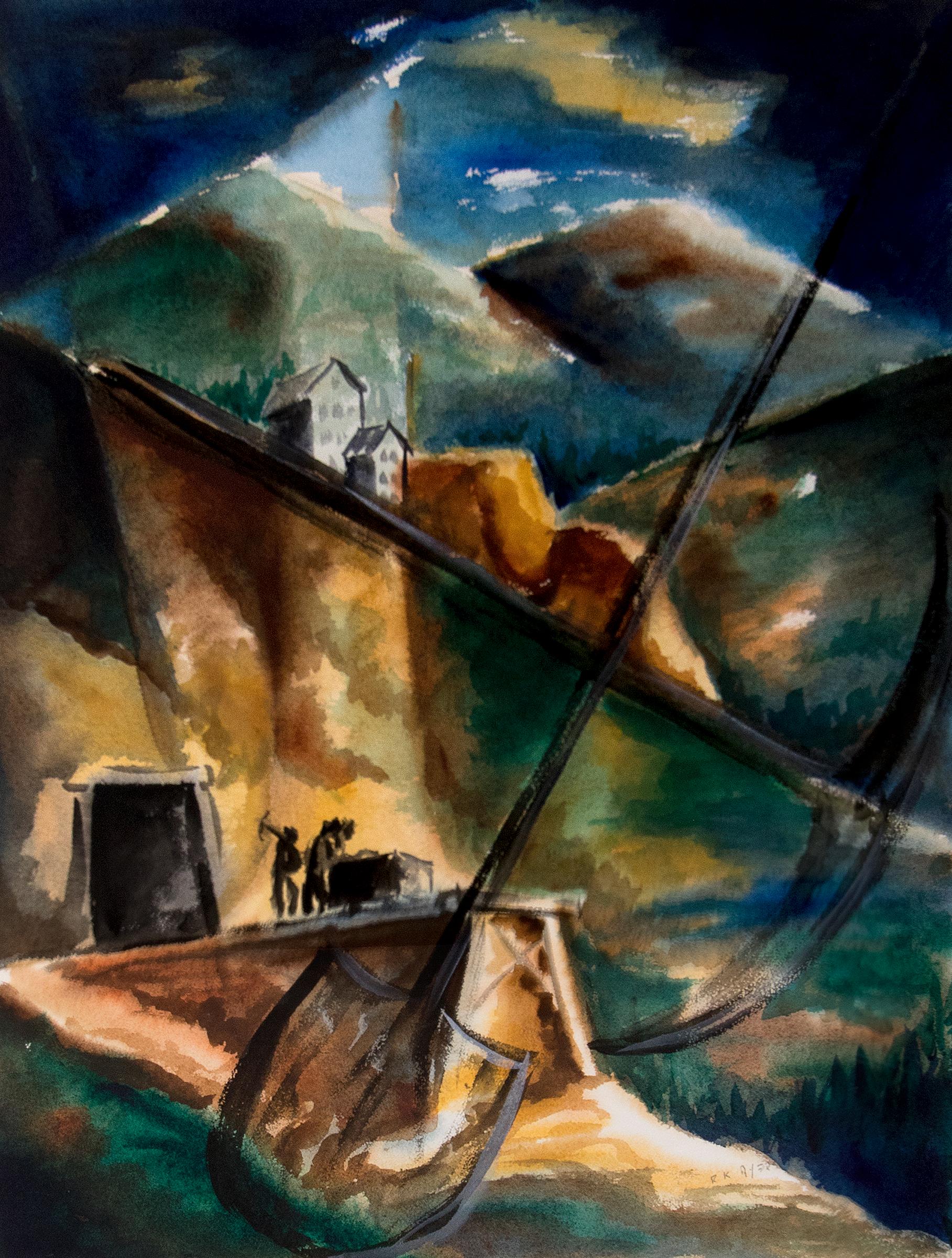 Old Mine and Houses, Cortez Colorado, Modernist Abstract Landscape Watercolor - Painting by Richard Ayer