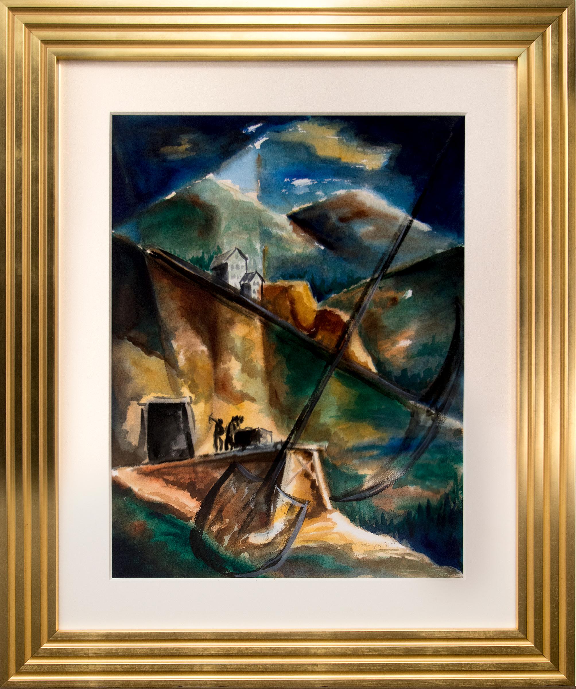 Richard Ayer Landscape Painting - Old Mine and Houses, Cortez Colorado, Modernist Abstract Landscape Watercolor