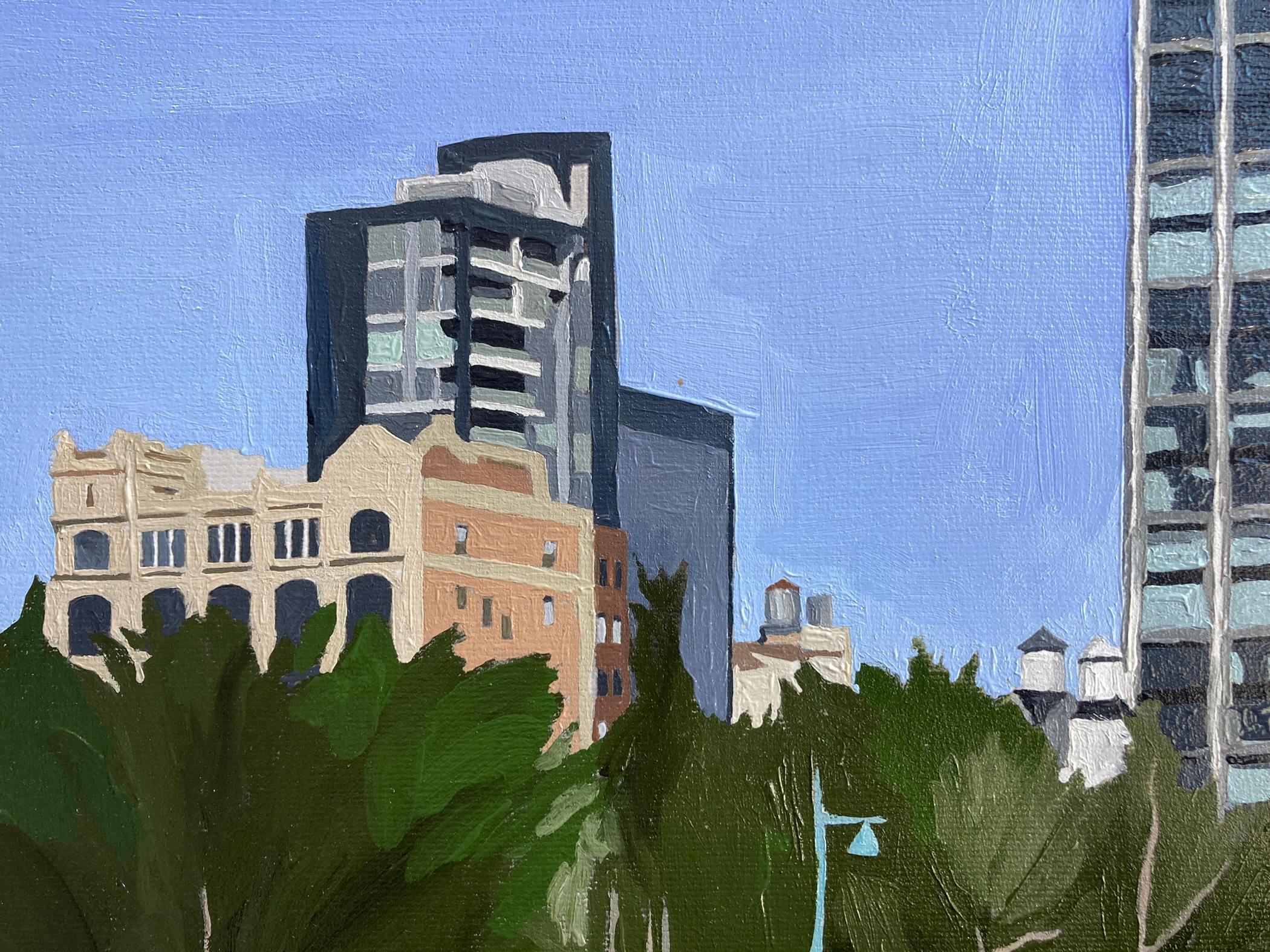 An oil painting of a grassy park, sky scrapers and trees along the horizon. In the foreground people lounge and relax in the sun. The flat simplified blocks of color in Baker's work brings to mind artists such as Richard Diebenkorn, Alex Katz and