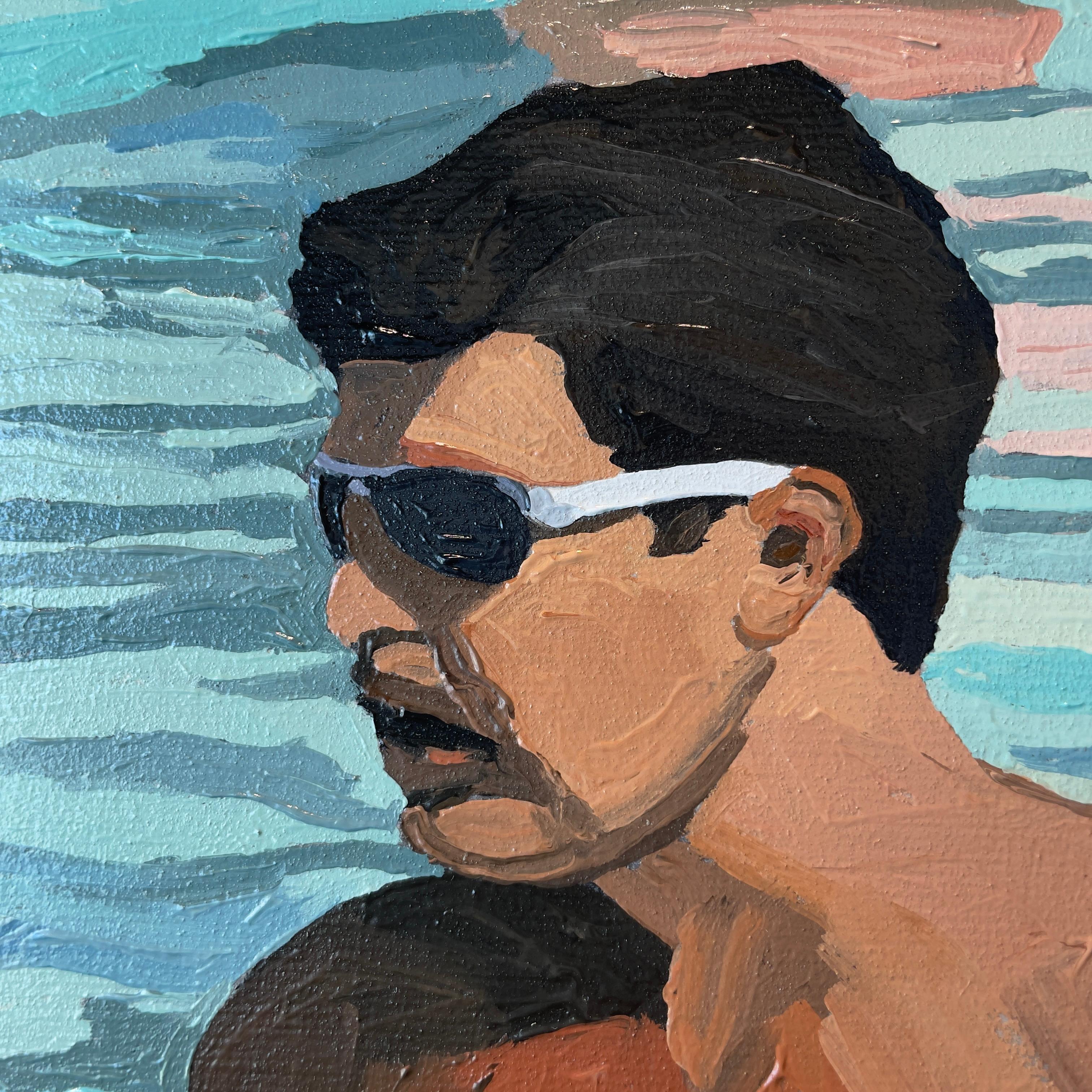 Viva Las Vegas, Öl auf Leinwand: Entspannte Badegäste an einem glitzernden, sonnenbeschienenen Pool im Angebot 4