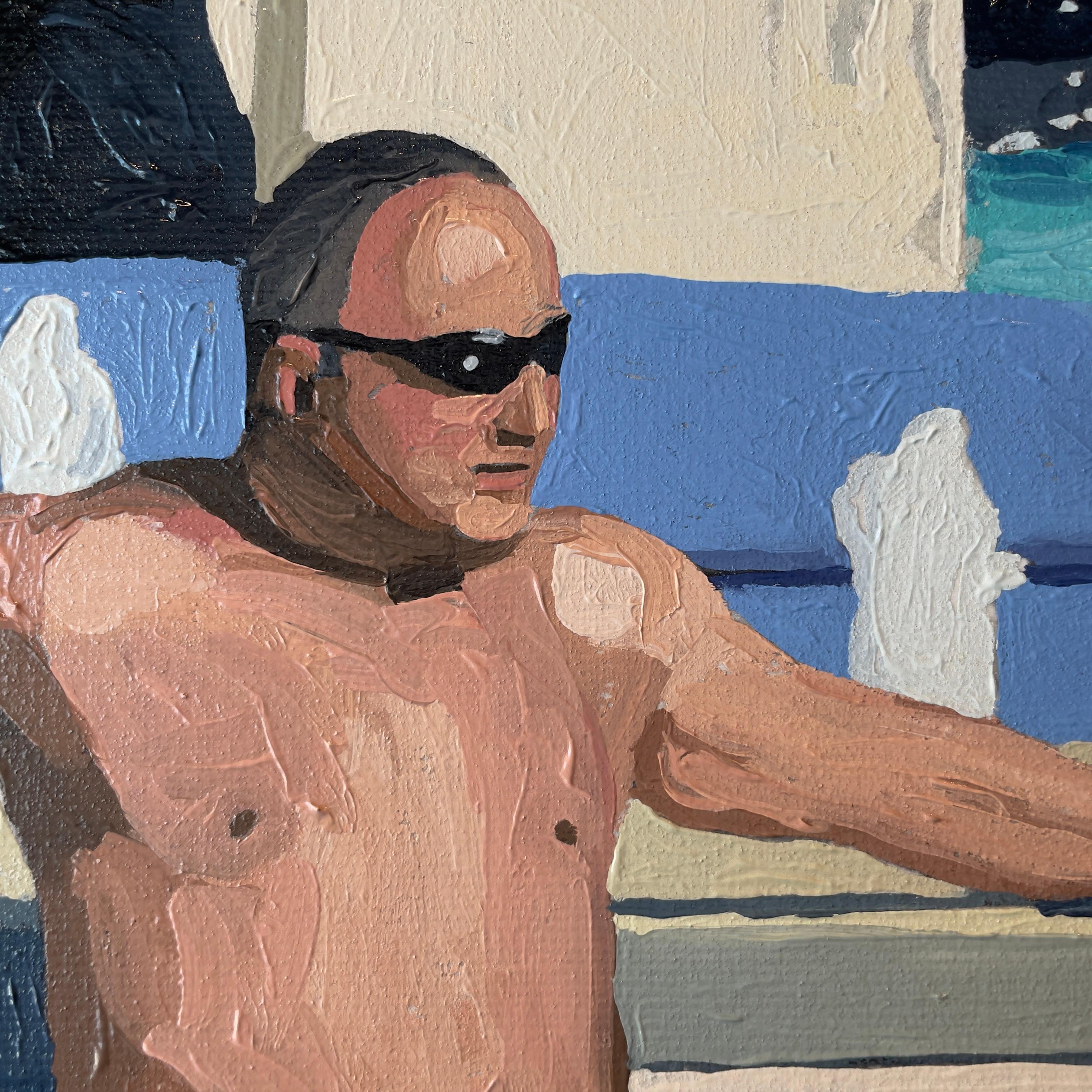 Viva Las Vegas, Öl auf Leinwand: Entspannte Badegäste an einem glitzernden, sonnenbeschienenen Pool im Angebot 10