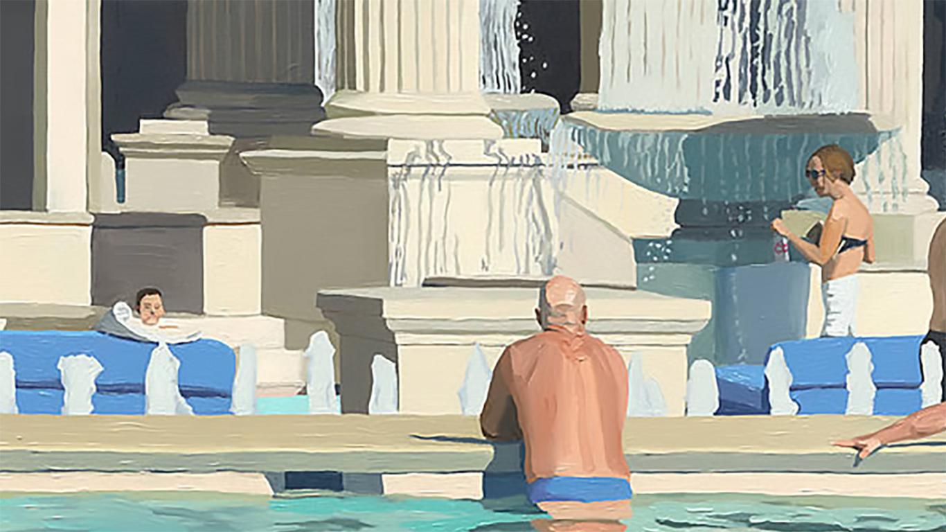 Viva Las Vegas, Öl auf Leinwand: Entspannte Badegäste an einem glitzernden, sonnenbeschienenen Pool im Angebot 12