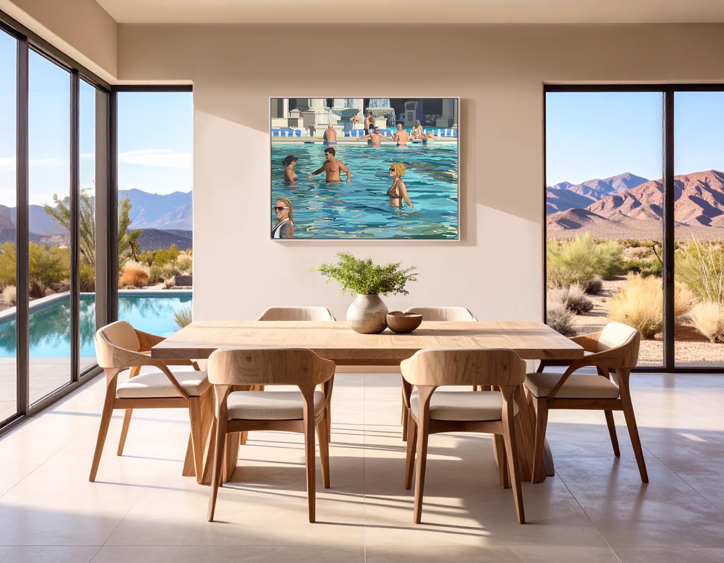 Viva Las Vegas, Öl auf Leinwand: Entspannte Badegäste an einem glitzernden, sonnenbeschienenen Pool – Painting von Richard Baker