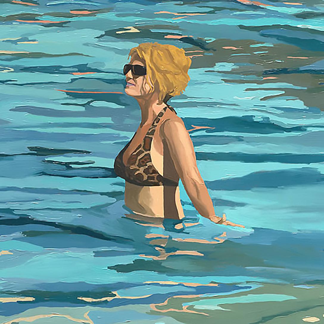 Viva Las Vegas, Öl auf Leinwand: Entspannte Badegäste an einem glitzernden, sonnenbeschienenen Pool (Amerikanischer Realismus), Painting, von Richard Baker