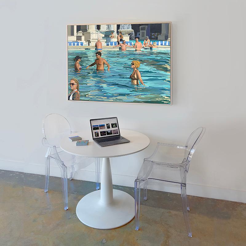 Viva Las Vegas, Öl auf Leinwand: Entspannte Badegäste an einem glitzernden, sonnenbeschienenen Pool im Angebot 5