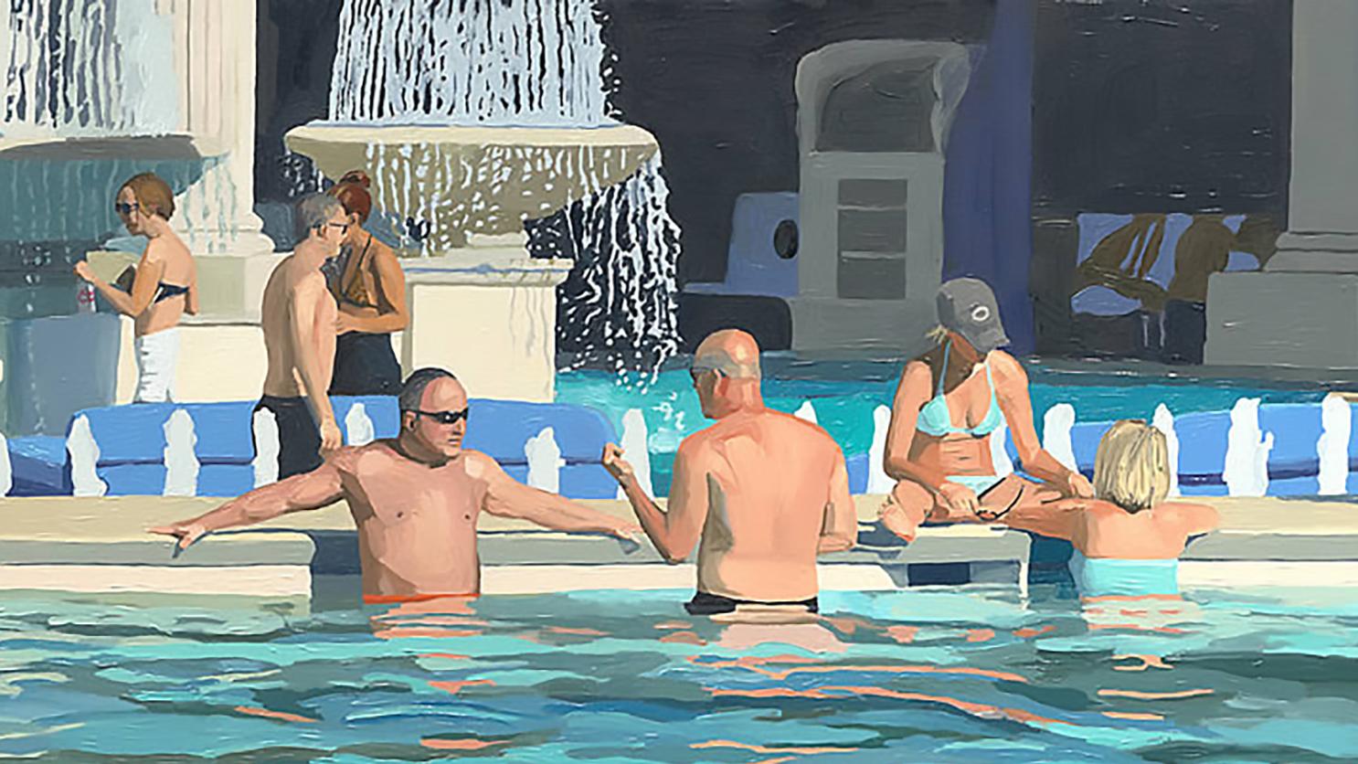 Viva Las Vegas, Öl auf Leinwand: Entspannte Badegäste an einem glitzernden, sonnenbeschienenen Pool im Angebot 1