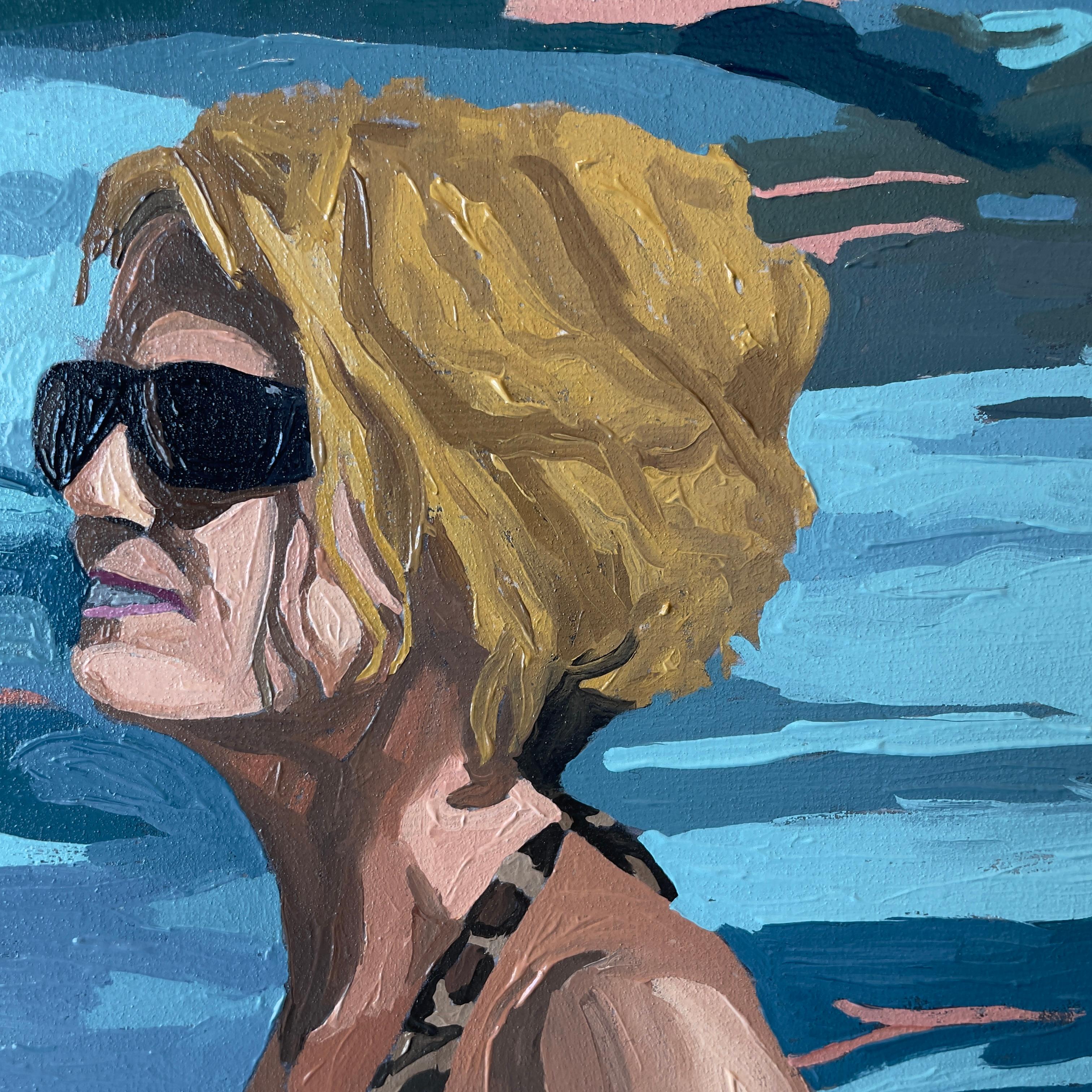 Viva Las Vegas, Öl auf Leinwand: Entspannte Badegäste an einem glitzernden, sonnenbeschienenen Pool (Blau), Figurative Painting, von Richard Baker