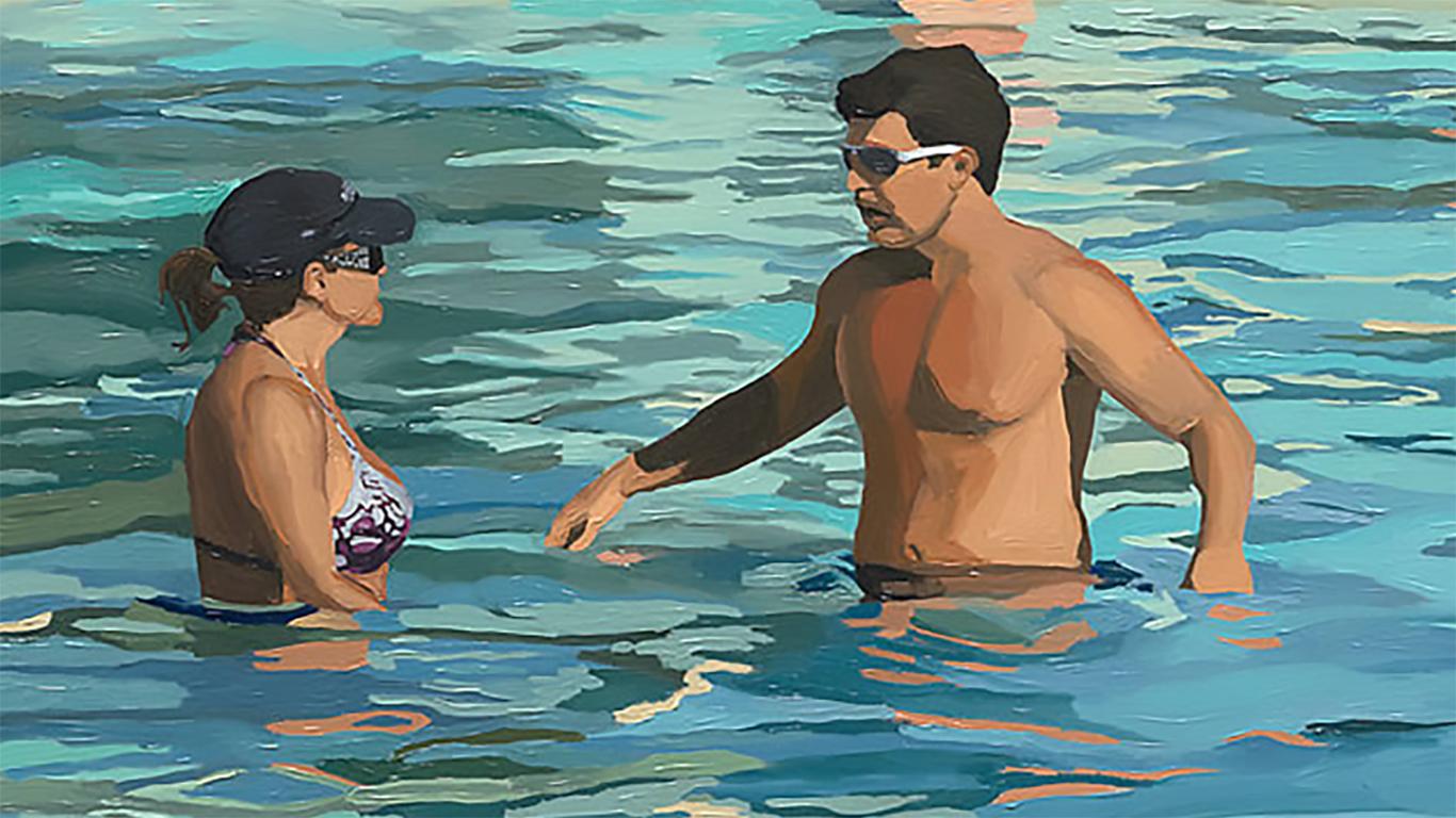 Viva Las Vegas, Öl auf Leinwand: Entspannte Badegäste an einem glitzernden, sonnenbeschienenen Pool im Angebot 3