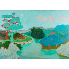 A Time Between Night and Day - brightly coloured landscape painting, turquoise