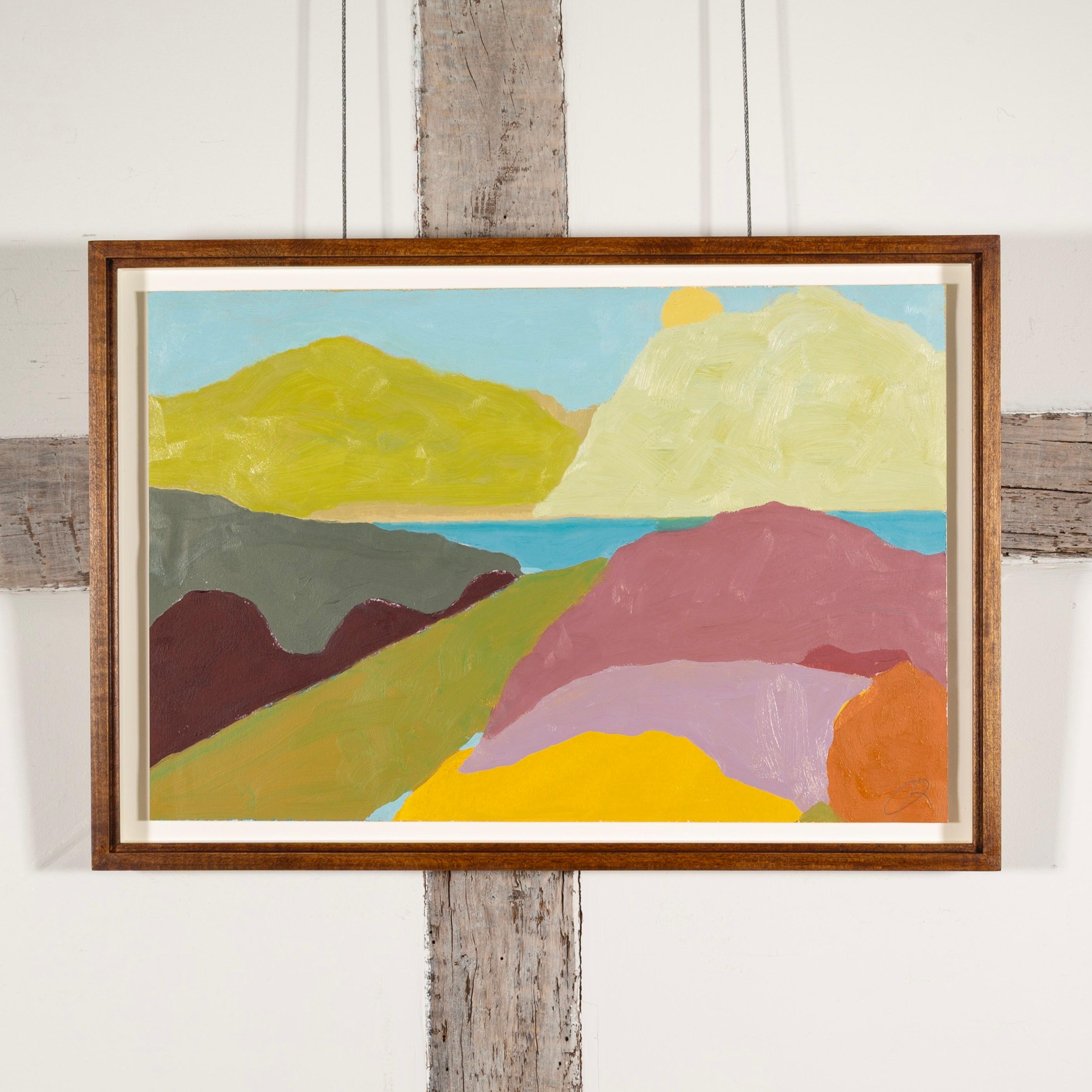 Deep Water, Green Mountain - Modernes farbenfrohes Landschafts-Ölgemälde, Blau + Rosa – Painting von Richard Ballinger