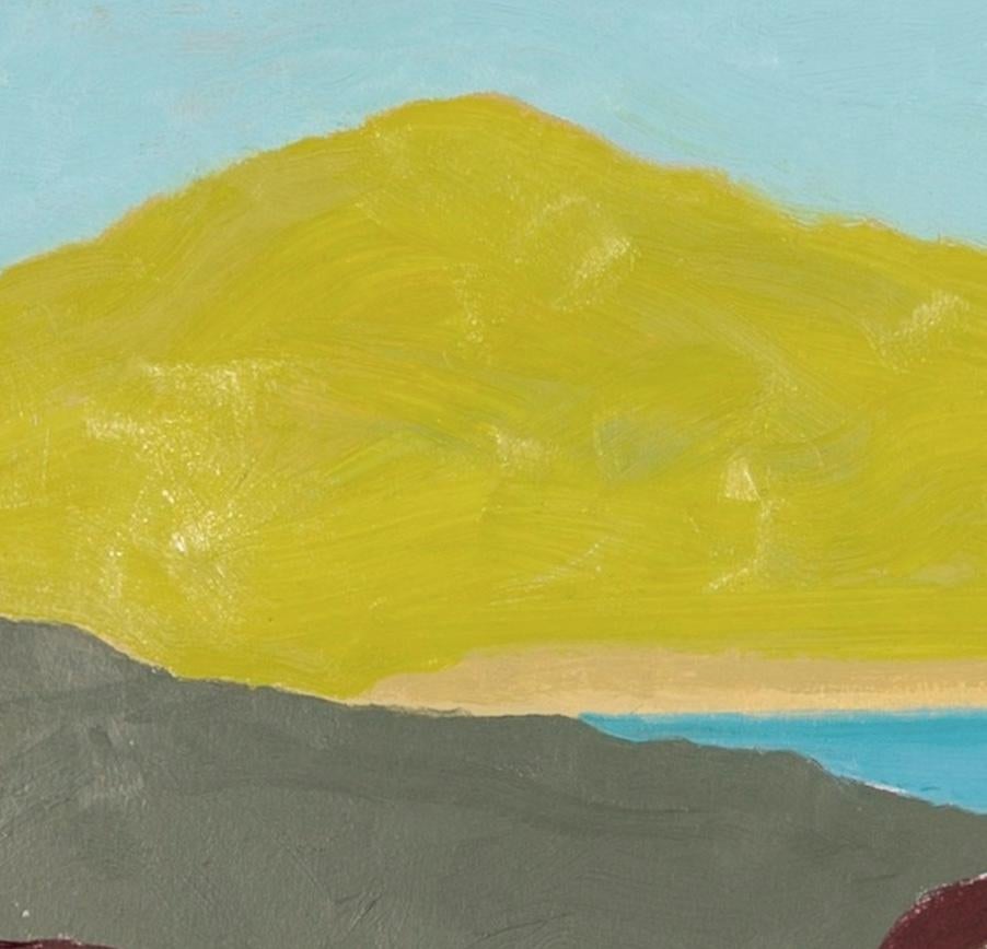 Deep Water, Green Mountain - Modernes farbenfrohes Landschafts-Ölgemälde, Blau + Rosa (Braun), Landscape Painting, von Richard Ballinger