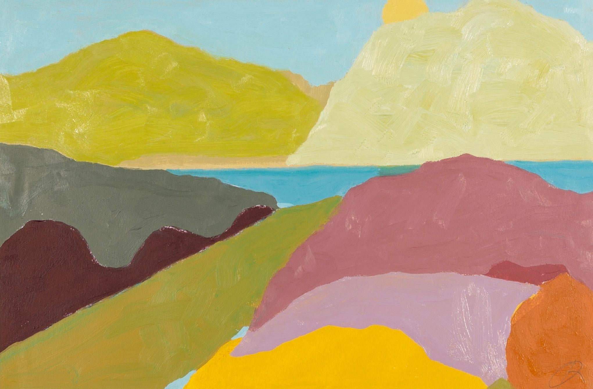 Richard Ballinger Landscape Painting – Deep Water, Green Mountain - Modernes farbenfrohes Landschafts-Ölgemälde, Blau + Rosa