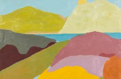 Deep Water, Green Mountain - Modern Colorful Landscape Oil Painting, Blue + Pink