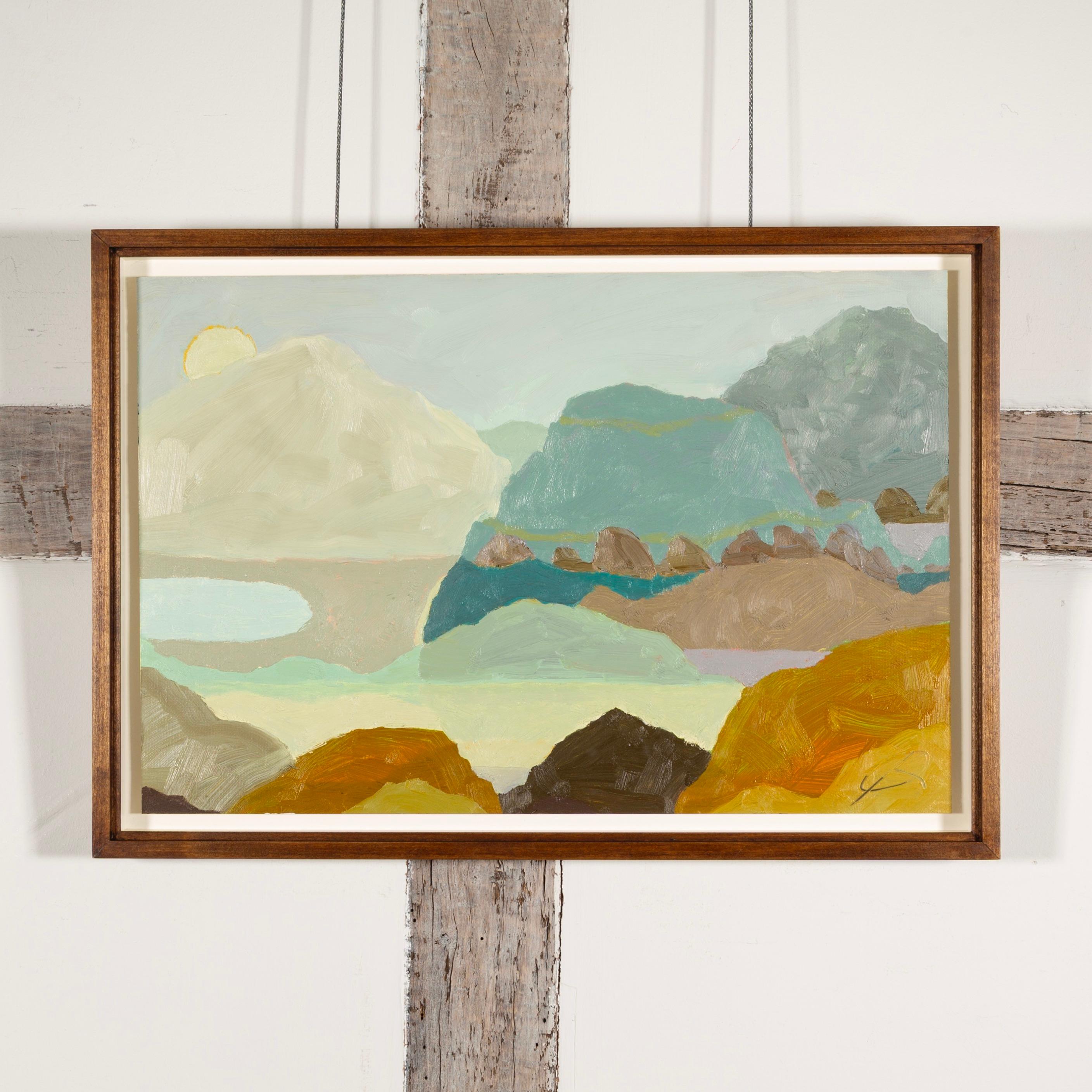Frontières oubliées - Peinture à l'huile d'un paysage coloré, océan en gris & Greene - Painting de Richard Ballinger