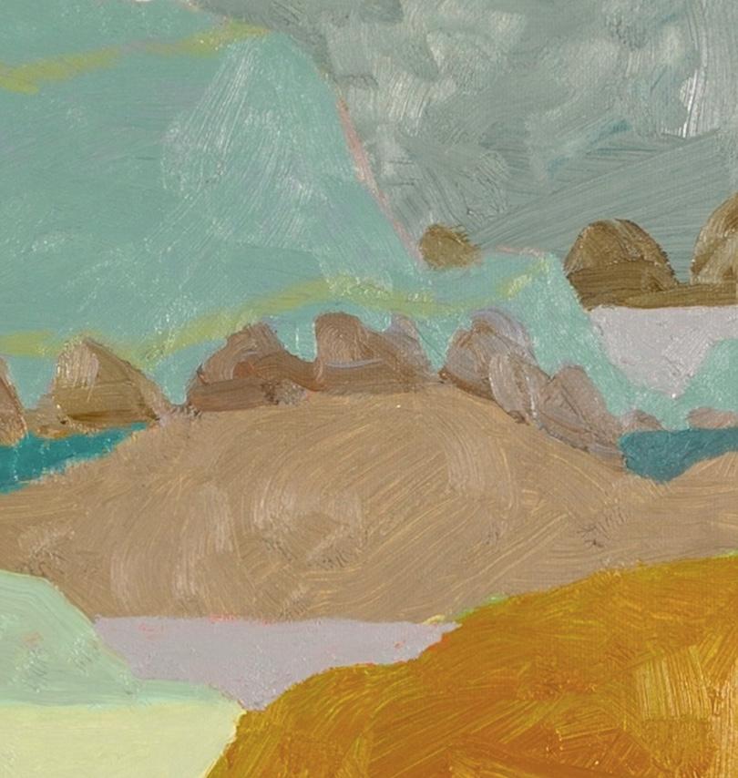 Frontières oubliées - Peinture à l'huile d'un paysage coloré, océan en gris & Greene en vente 4