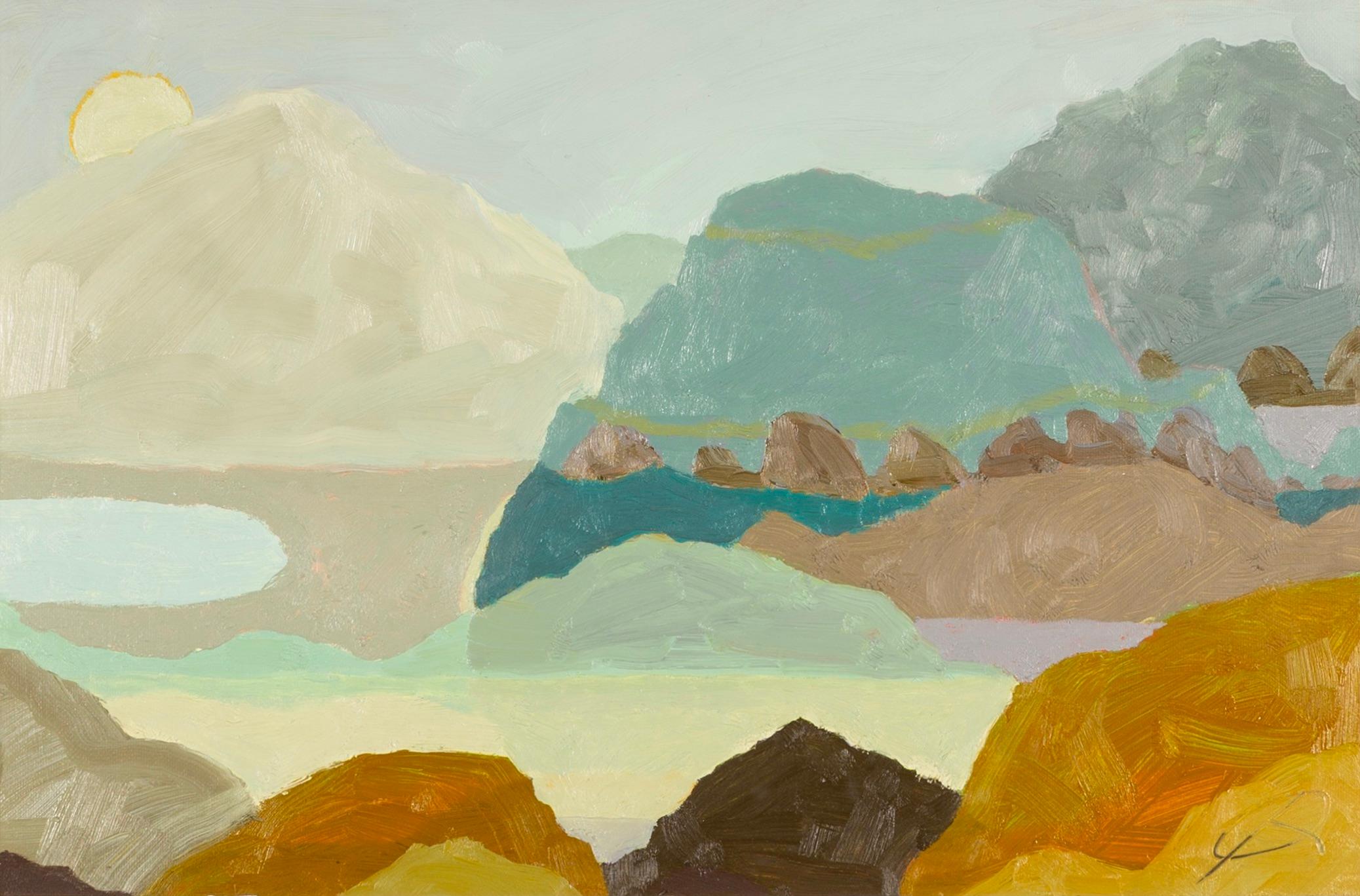 Abstract Painting Richard Ballinger - Frontières oubliées - Peinture à l'huile d'un paysage coloré, océan en gris & Greene
