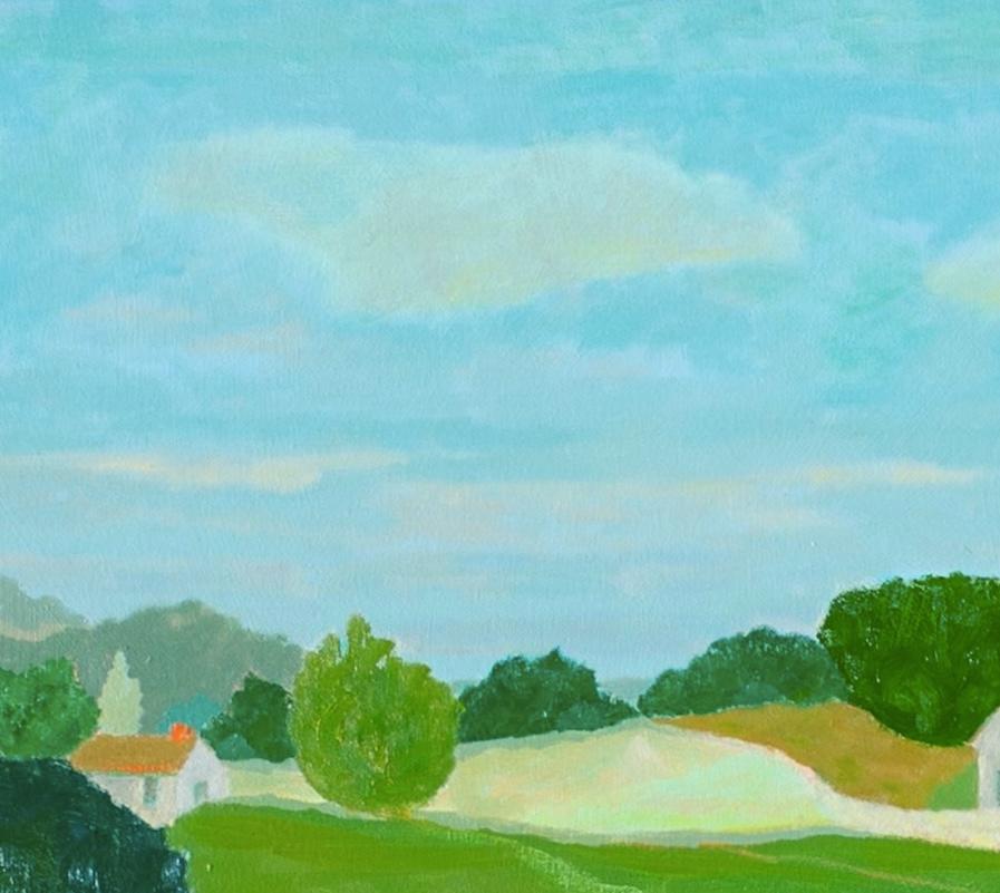 Green Valley - Großes Ölgemälde mit zeitgenössischer Landschaft, Bäumen und Häusern im Angebot 6