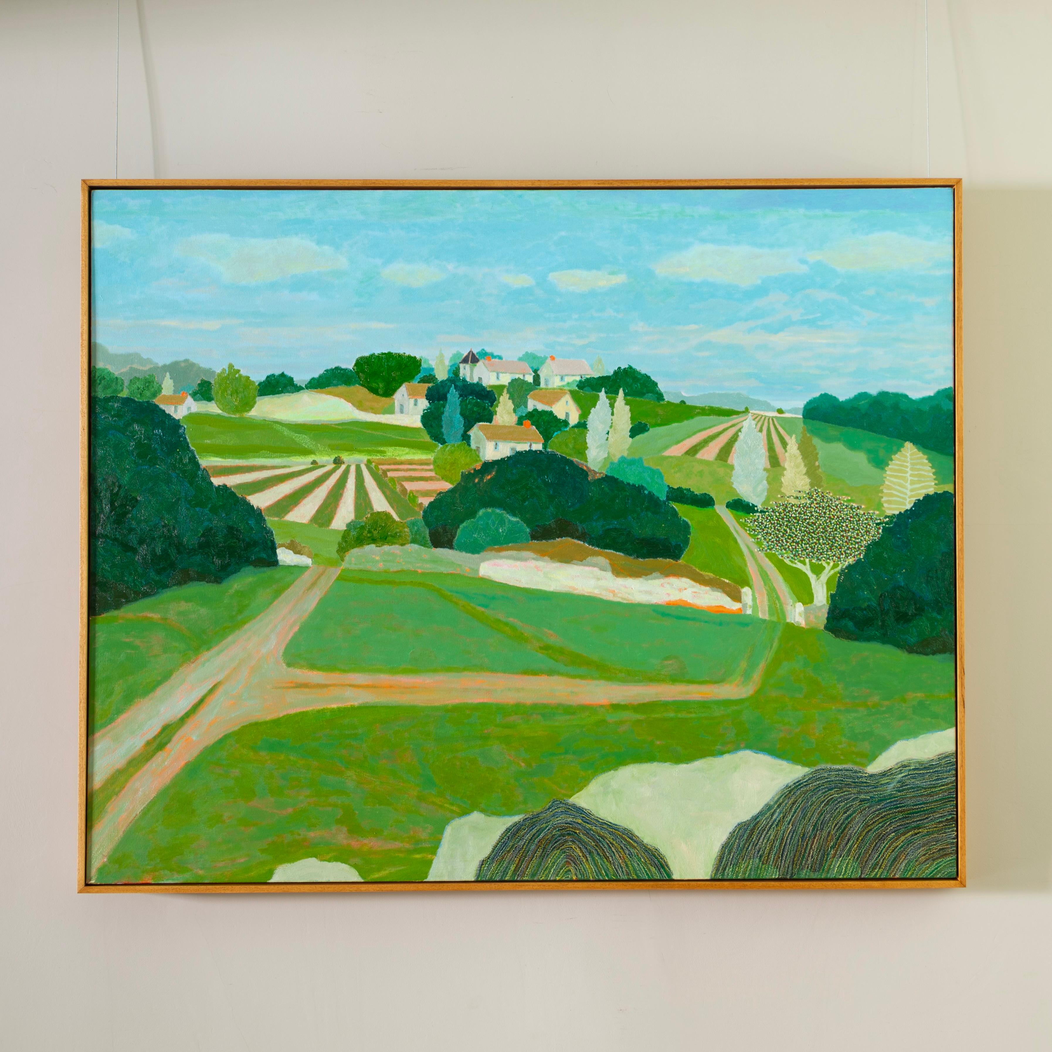 Green Valley - Großes Ölgemälde mit zeitgenössischer Landschaft, Bäumen und Häusern – Painting von Richard Ballinger