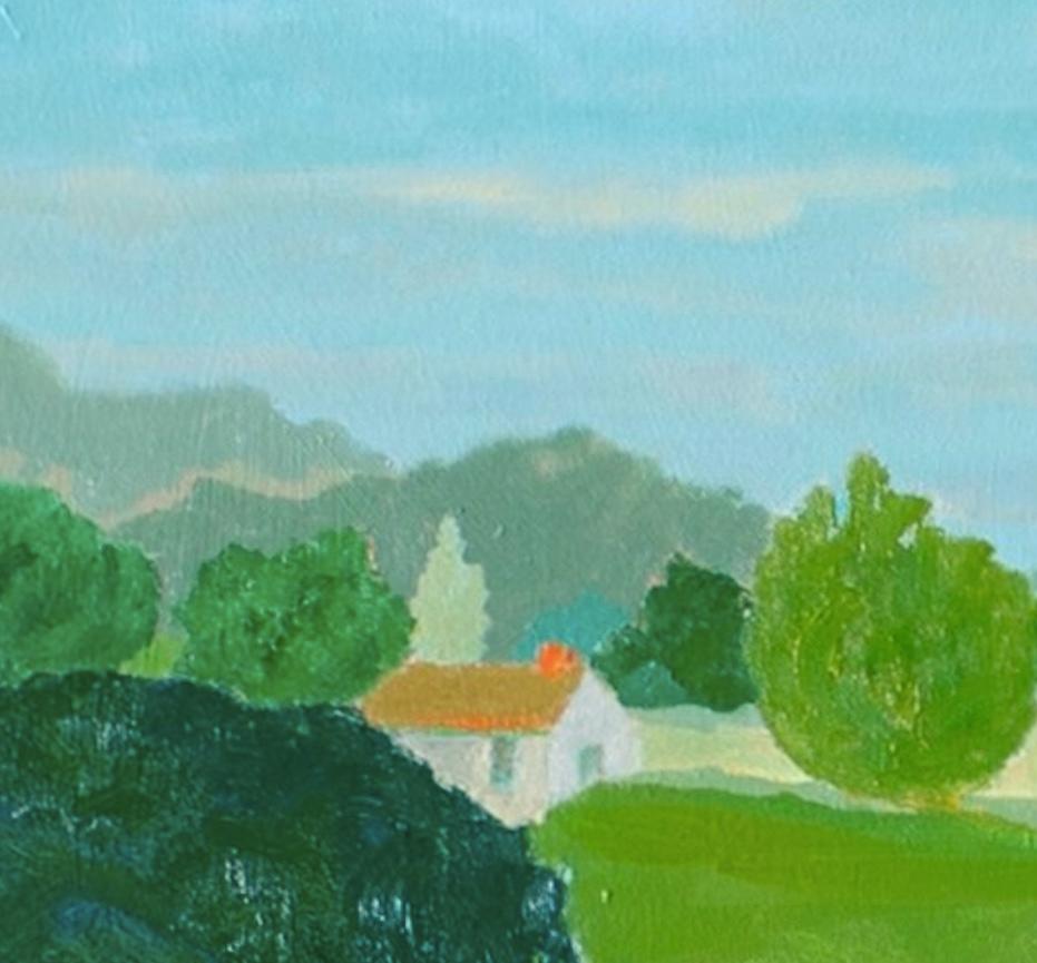 Green Valley - Großes Ölgemälde mit zeitgenössischer Landschaft, Bäumen und Häusern (Grün), Figurative Painting, von Richard Ballinger