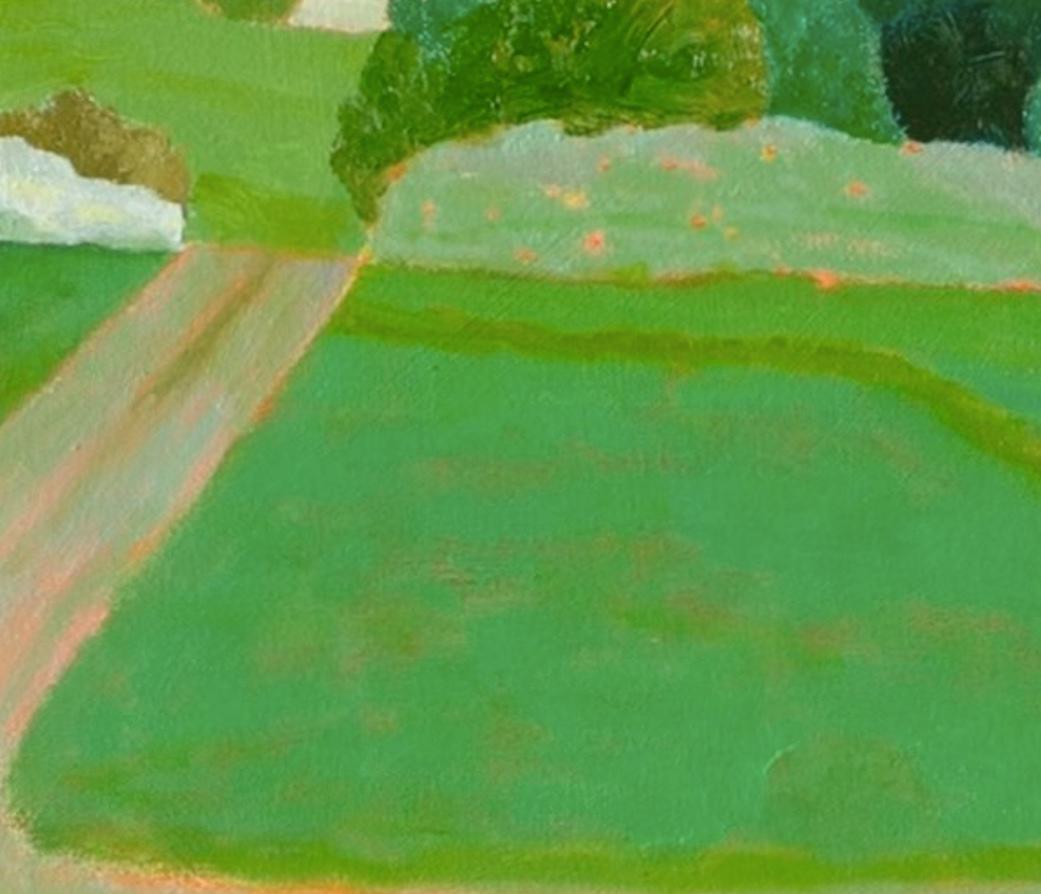 Green Valley - Großes Ölgemälde mit zeitgenössischer Landschaft, Bäumen und Häusern im Angebot 1