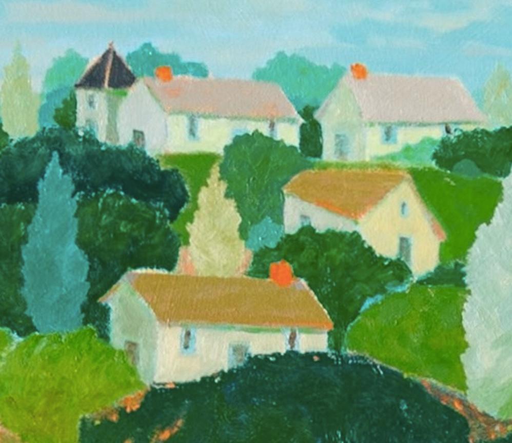 Green Valley - Großes Ölgemälde mit zeitgenössischer Landschaft, Bäumen und Häusern im Angebot 2