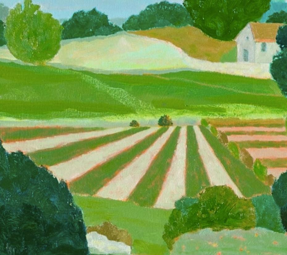 Green Valley - Großes Ölgemälde mit zeitgenössischer Landschaft, Bäumen und Häusern im Angebot 3