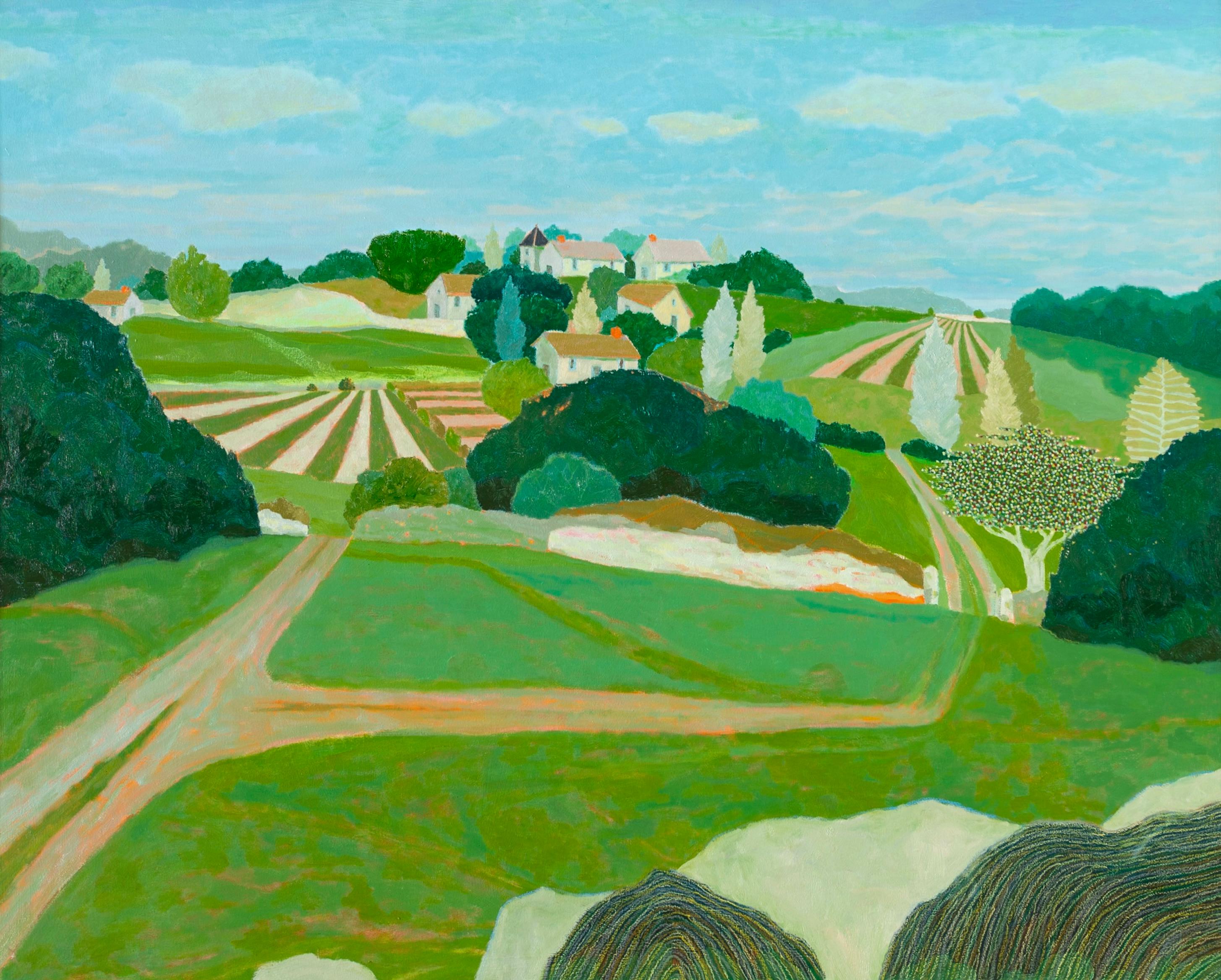 Green Valley - Großes Ölgemälde mit zeitgenössischer Landschaft, Bäumen und Häusern