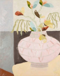 Intérieur, nature morte, mauve et rouge - Peinture à l'huile de Richard Ballinger, 2020-21