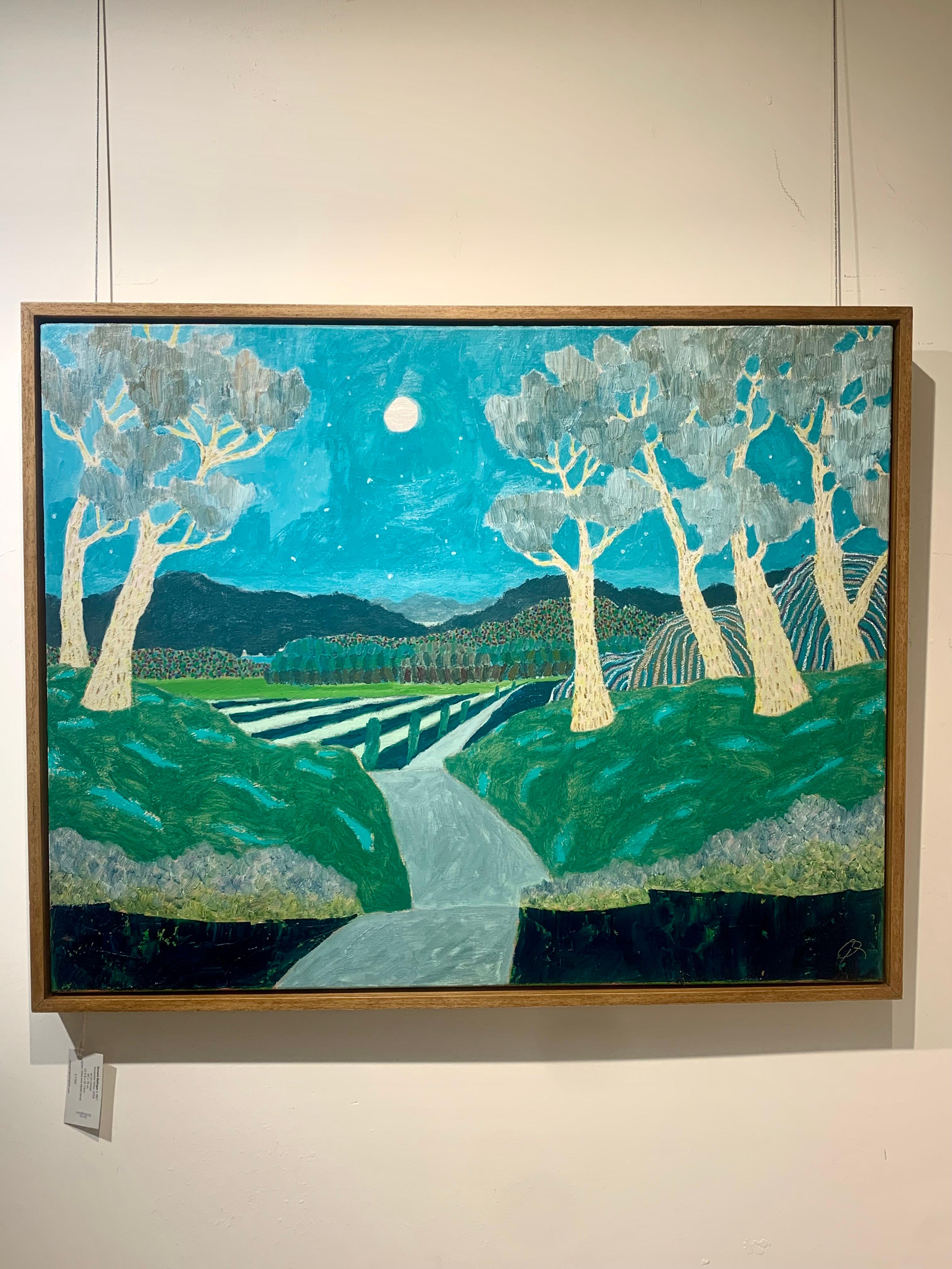 Luna di novembre, 2024 - Pittura ad olio di paesaggio contemporaneo con alberi in verde 2