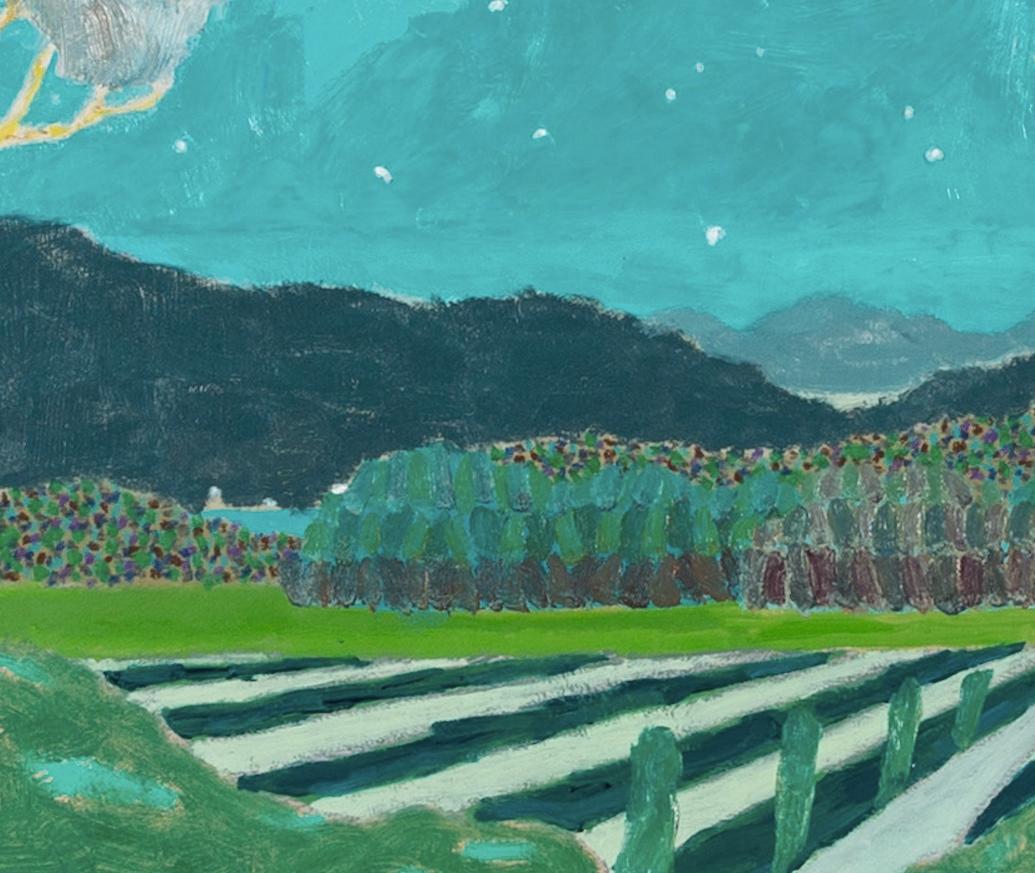 Luna di novembre, 2024 - Pittura ad olio di paesaggio contemporaneo con alberi in verde 3