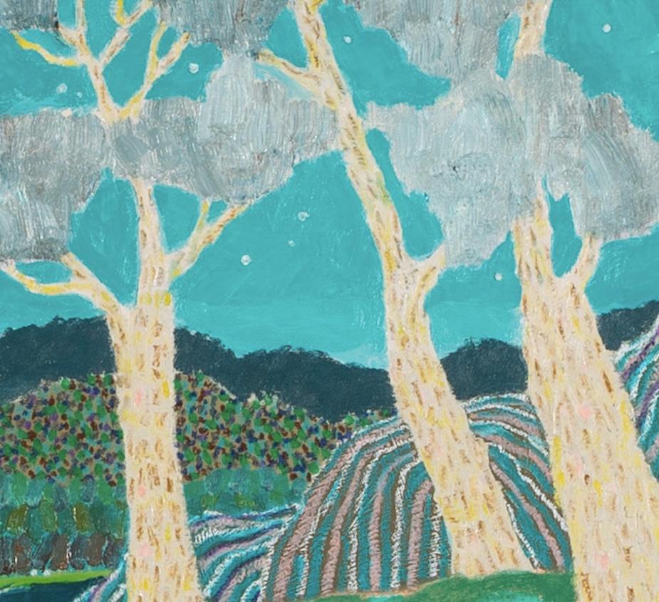 Luna di novembre, 2024 - Pittura ad olio di paesaggio contemporaneo con alberi in verde 4