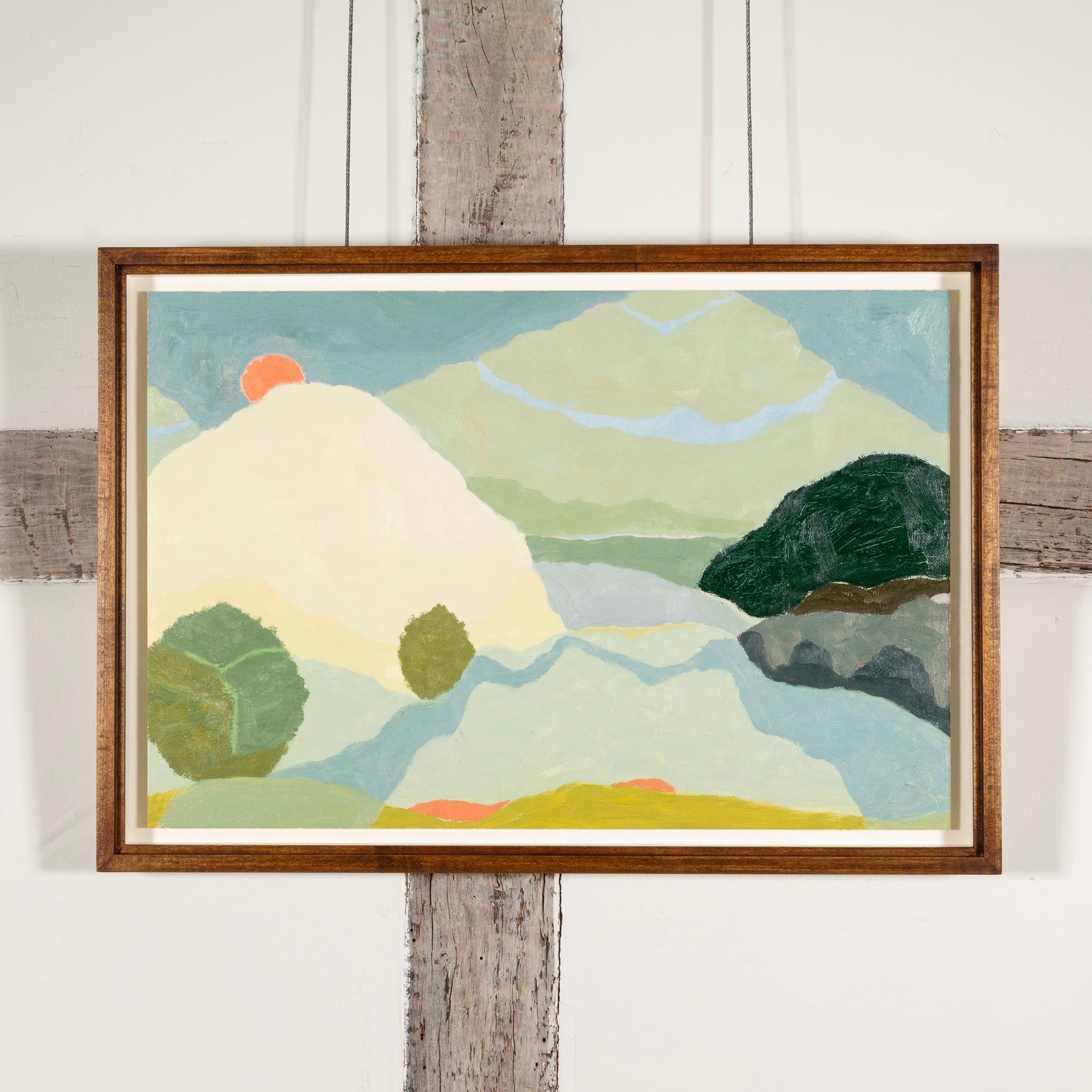 Red Moon - Zeitgenössische Landschaft Öl auf Papier, Blau, Weiß + Grün – Painting von Richard Ballinger