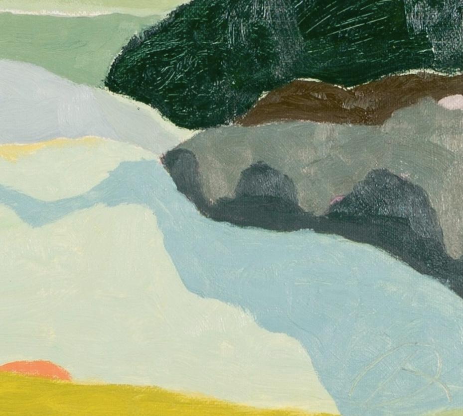 Red Moon - Zeitgenössische Landschaft Öl auf Papier, Blau, Weiß + Grün im Angebot 2