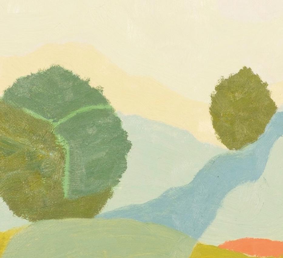 Red Moon - Zeitgenössische Landschaft Öl auf Papier, Blau, Weiß + Grün im Angebot 3