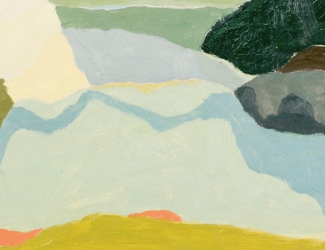 Red Moon - Zeitgenössische Landschaft Öl auf Papier, Blau, Weiß + Grün im Angebot 4