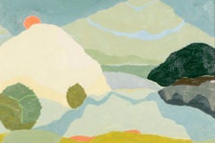 Red Moon - Zeitgenössische Landschaft Öl auf Papier, Blau, Weiß + Grün
