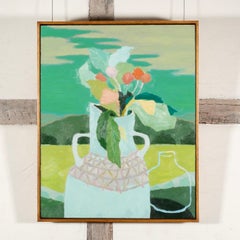 Still Life, Blue Vase in Green, 2024 - Flowers in Jug with Landscape Painting