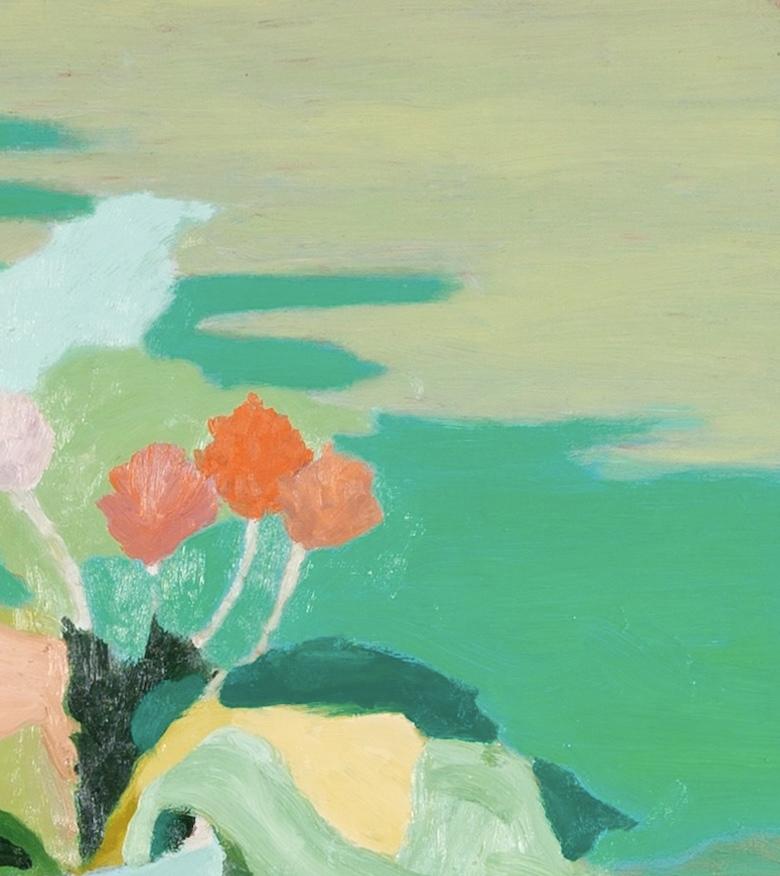 Naturaleza Muerta, Jarrón Azul en Verde, 2024 - Flores en Jarra con Pintura de Paisaje en venta 1