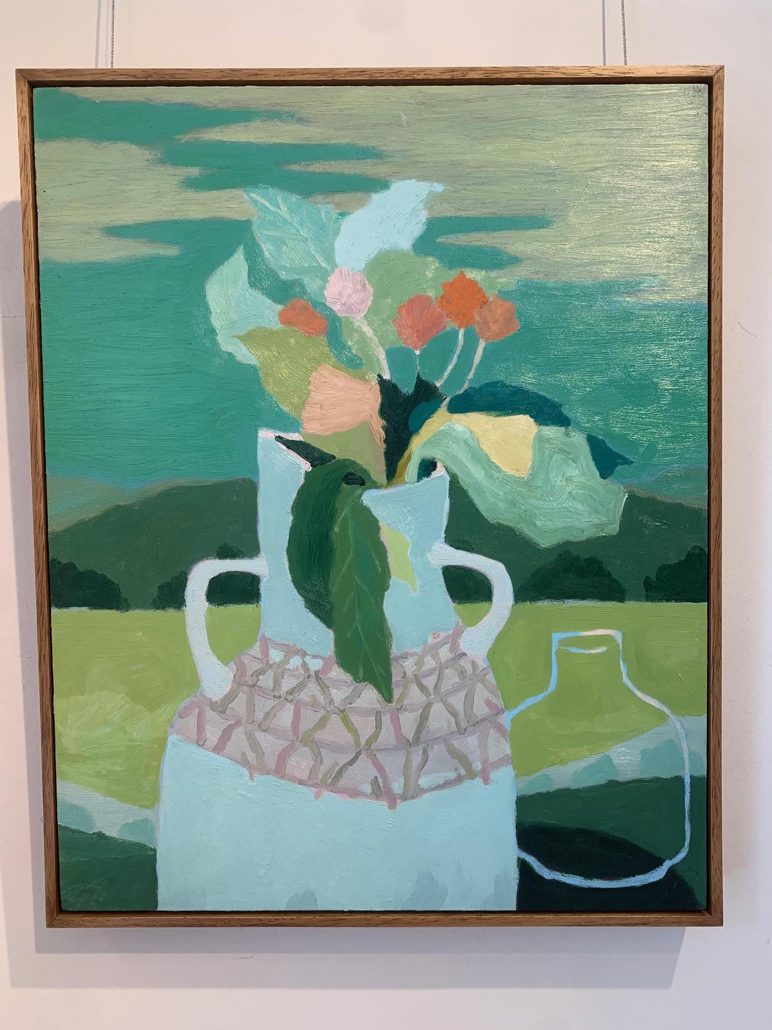 Naturaleza Muerta, Jarrón Azul en Verde, 2024 - Flores en Jarra con Pintura de Paisaje en venta 4