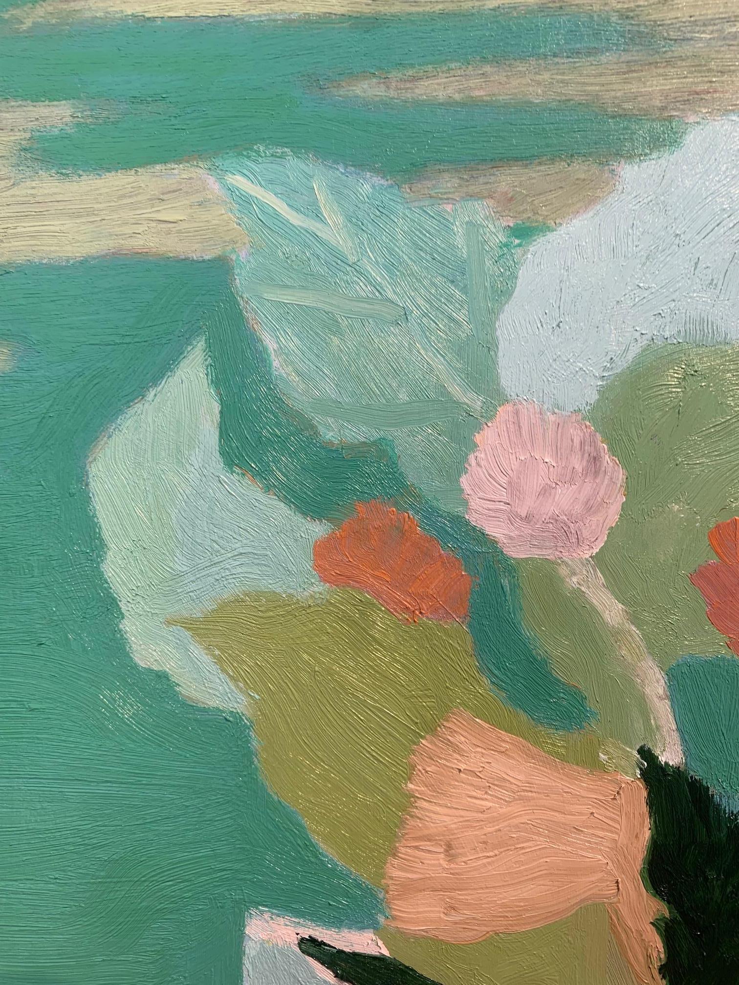 Naturaleza Muerta, Jarrón Azul en Verde, 2024 - Flores en Jarra con Pintura de Paisaje en venta 6