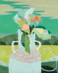 Still Life, Blue Vase in Green, 2024 - Flowers in Jug with Landscape Painting