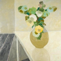 Naturaleza muerta en gris, 2022 - Pintura al óleo minimalista contemporánea con flores