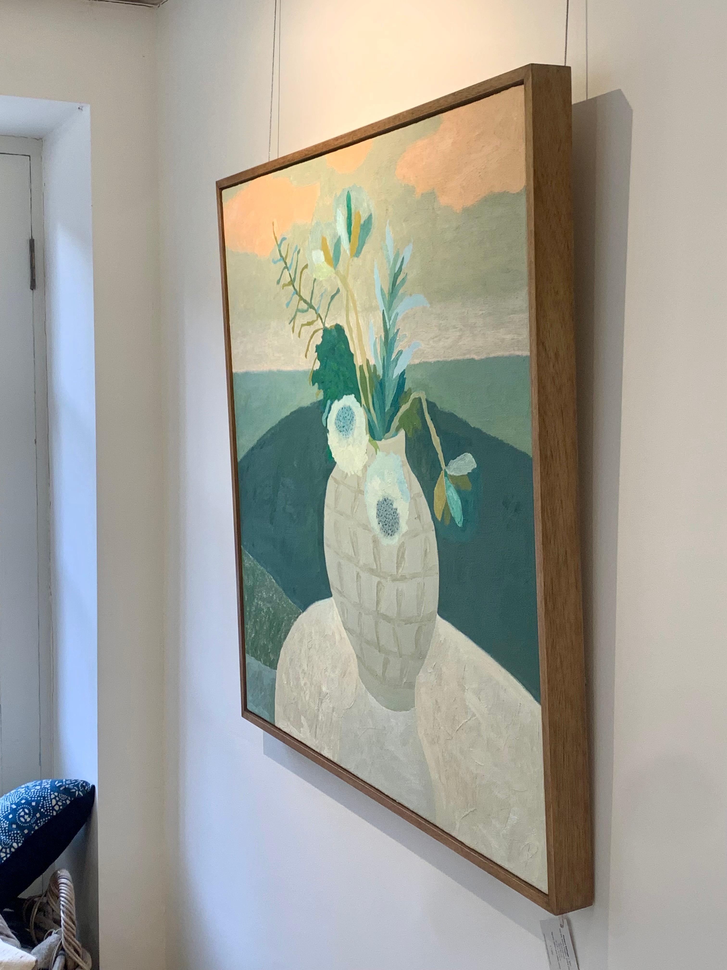 Still Life, White Flowers - Blue and Grey Still Life Oil Painting with Sunset For Sale 9