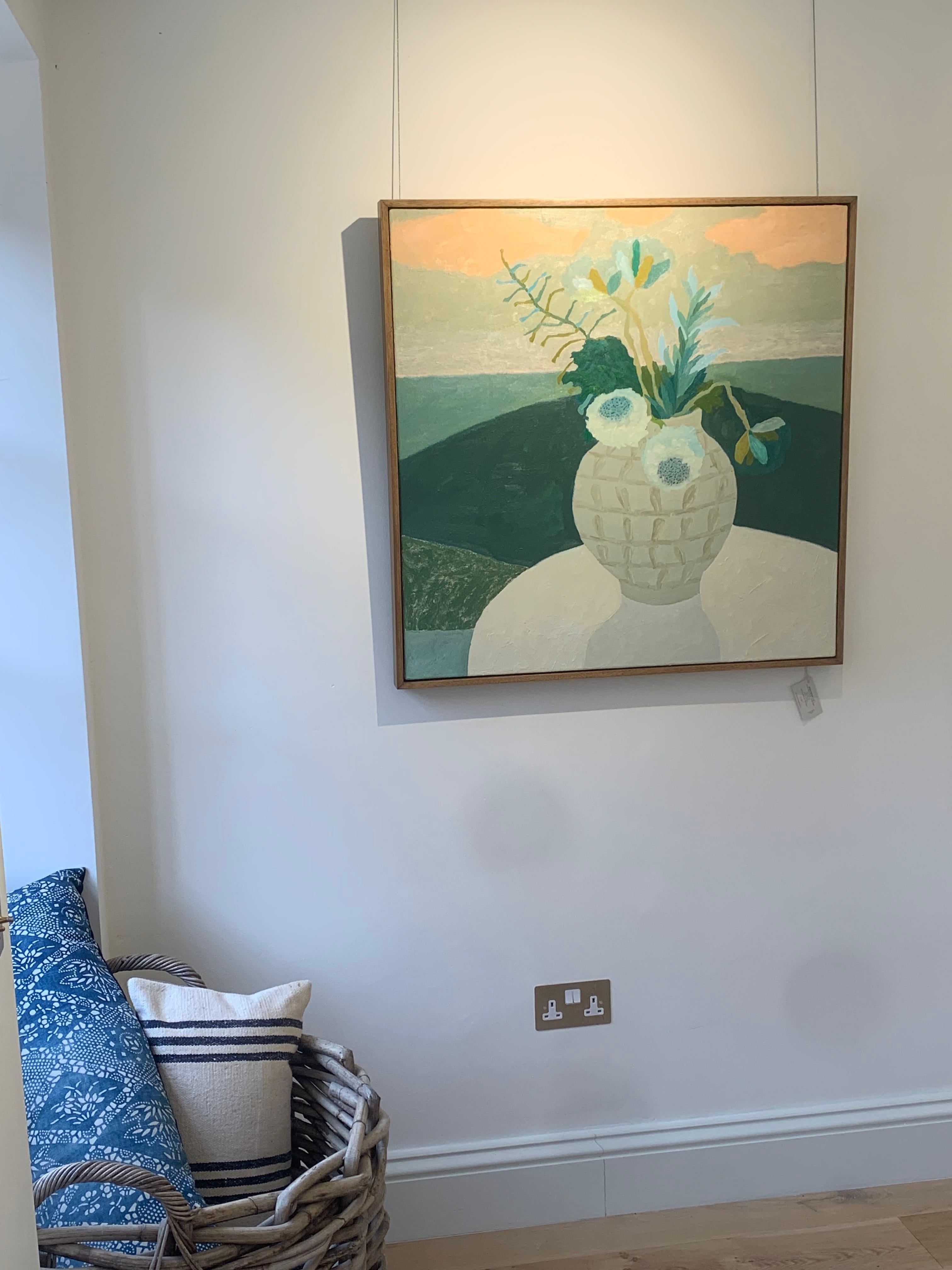 Still Life, White Flowers - Blue and Grey Still Life Oil Painting with Sunset For Sale 10