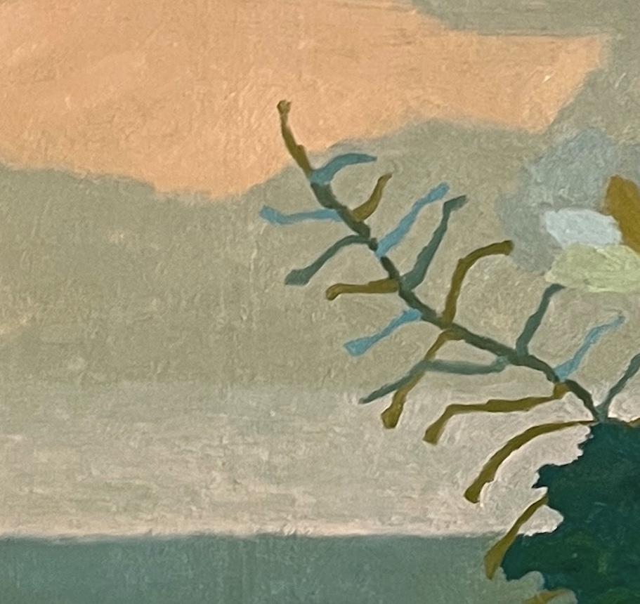 Still Life, White Flowers - Blue and Grey Still Life Oil Painting with Sunset - Gray Landscape Painting by Richard Ballinger