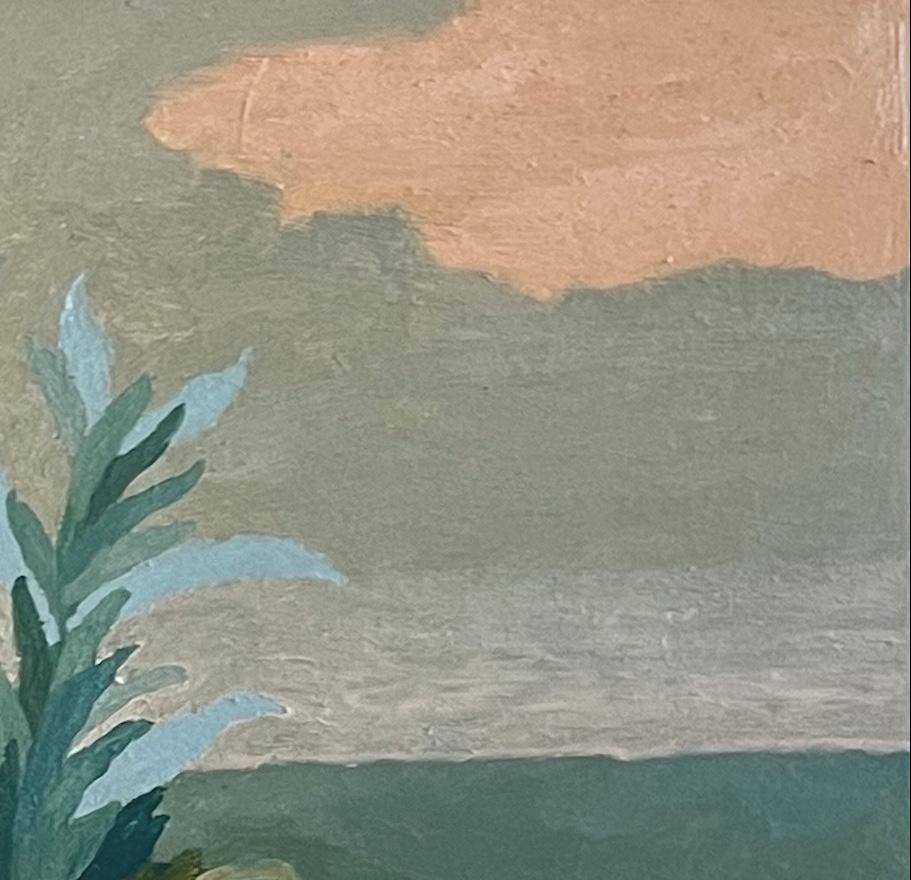 Still Life, White Flowers - Blue and Grey Still Life Oil Painting with Sunset For Sale 1